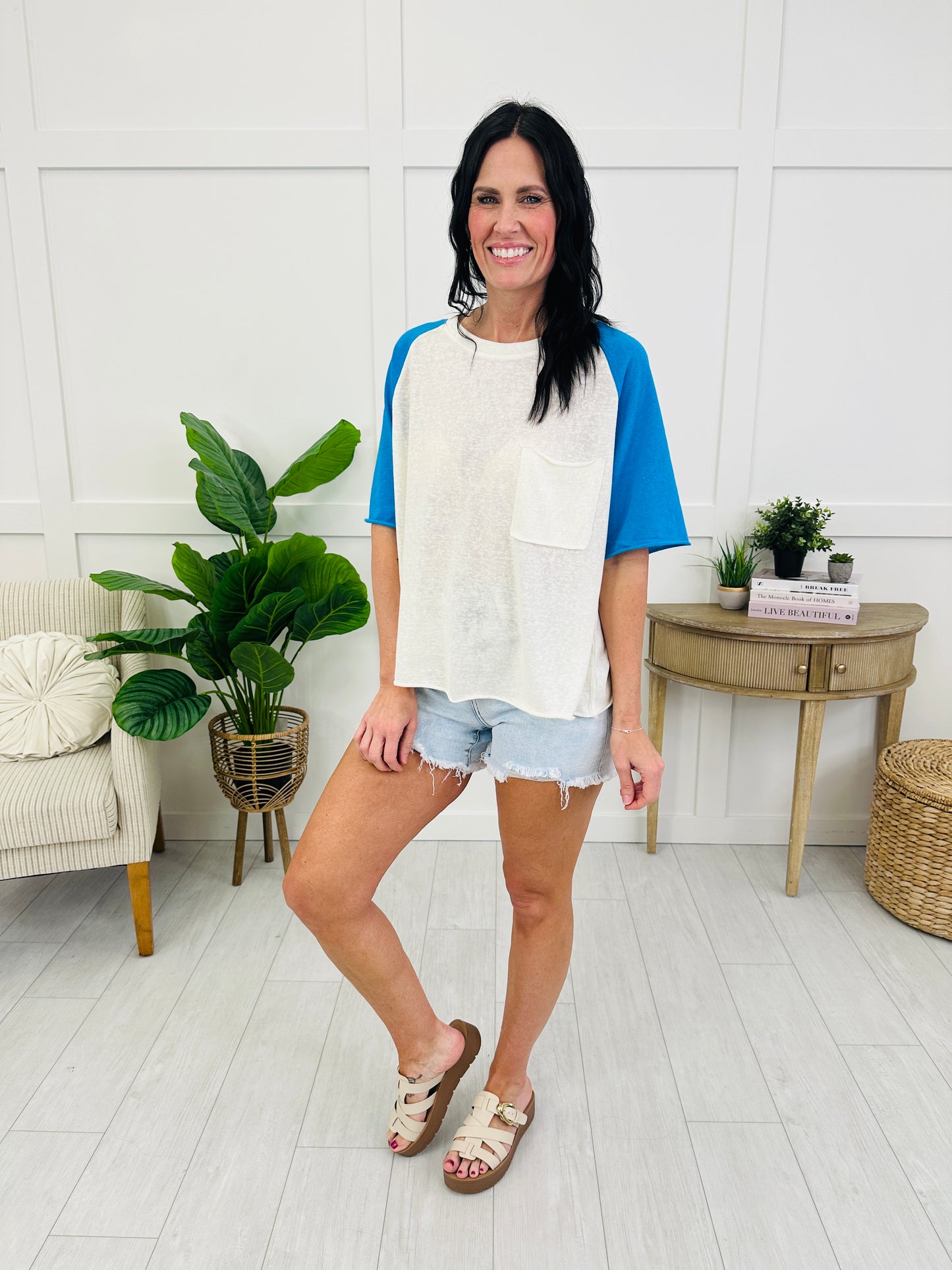 Play It Back Top In Cream Blue