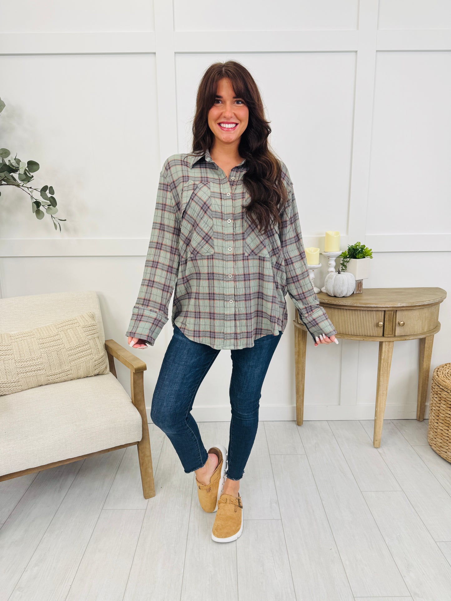 Fall for Plaid Top In Dk Sage