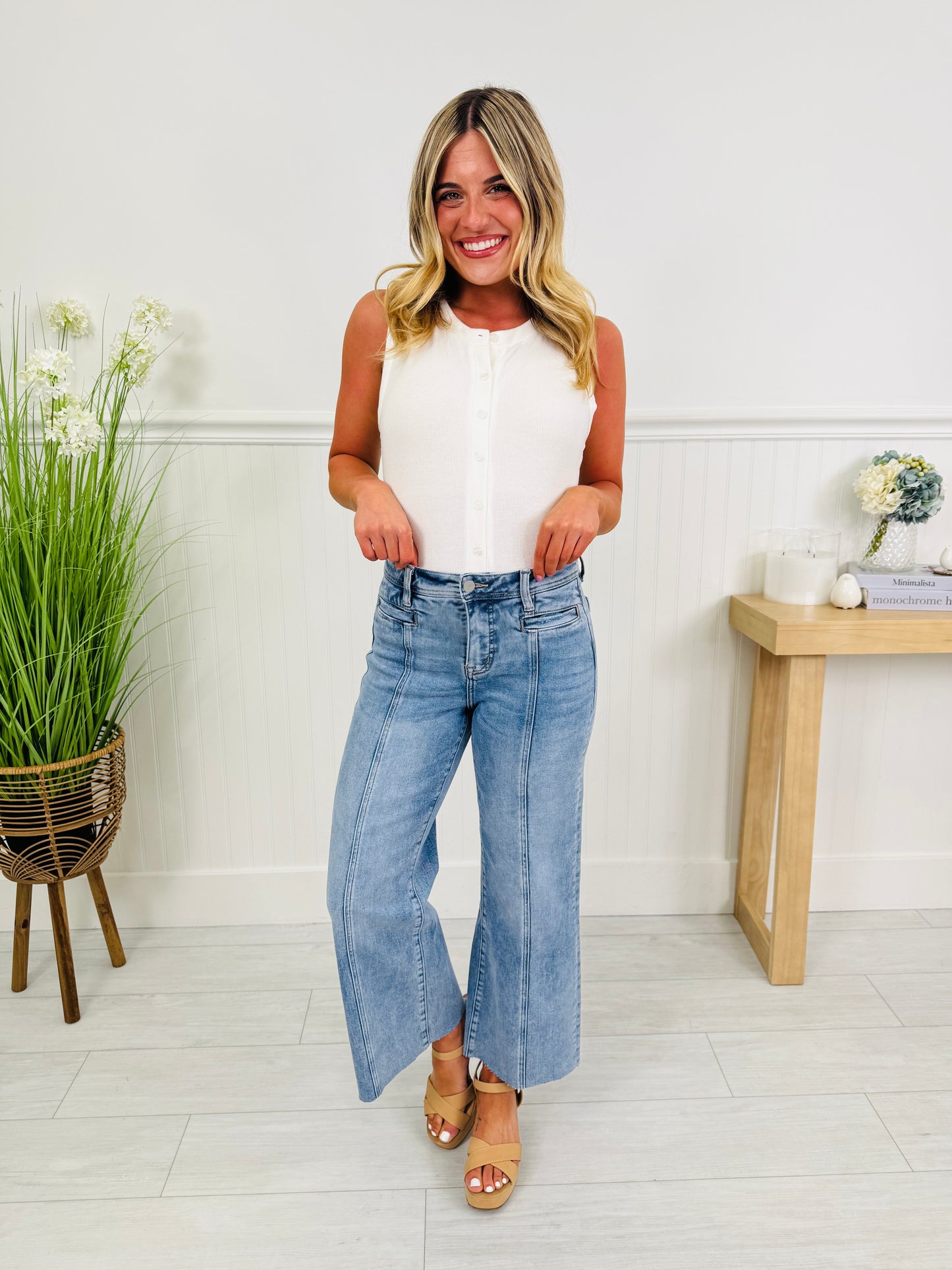 Front and Center Tummy Control Cropped Wide Leg Jeans