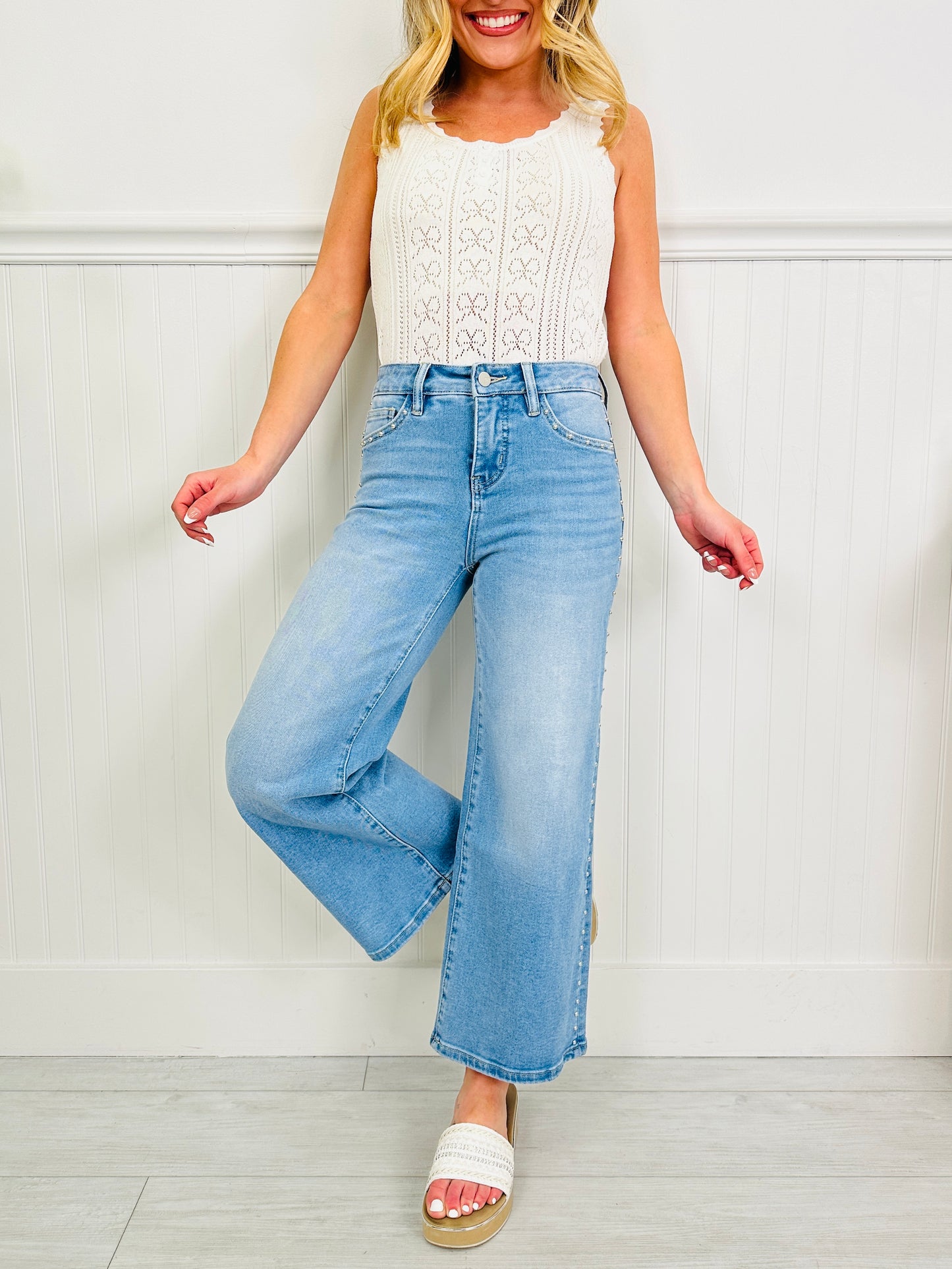 Subtly Studded Tummy Control Wide Leg Cropped Jeans