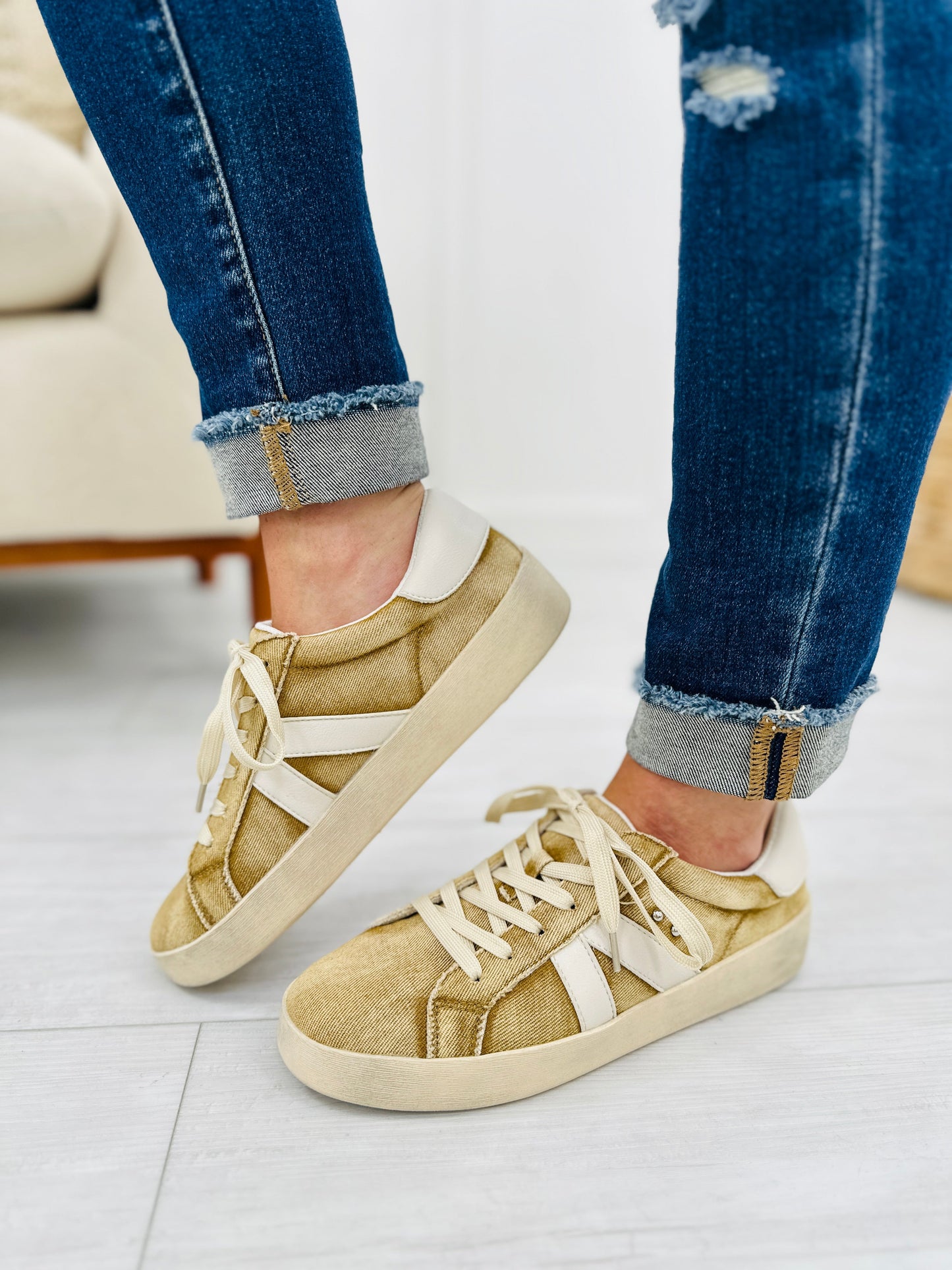 Walk A Mile Sneakers In Washed Tan Denim