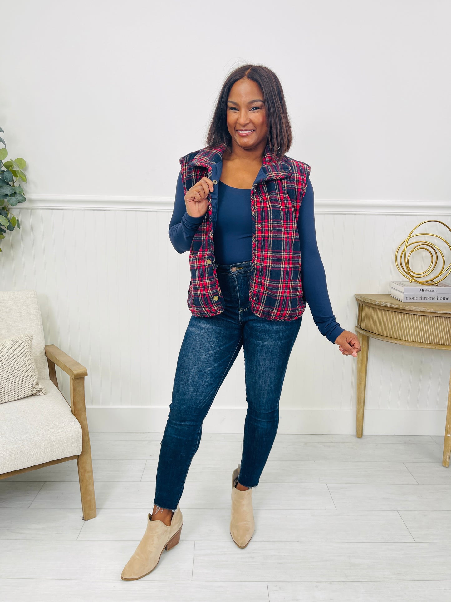 Plaid Wishes Vest in Navy/Red