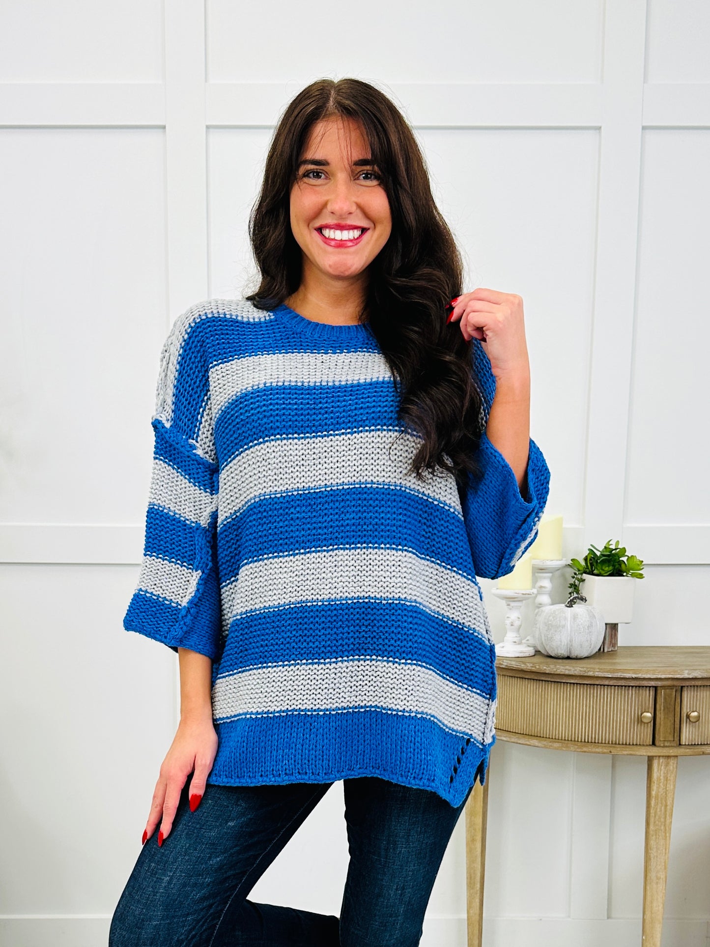 Long Story Stripes Top In Blue Grey