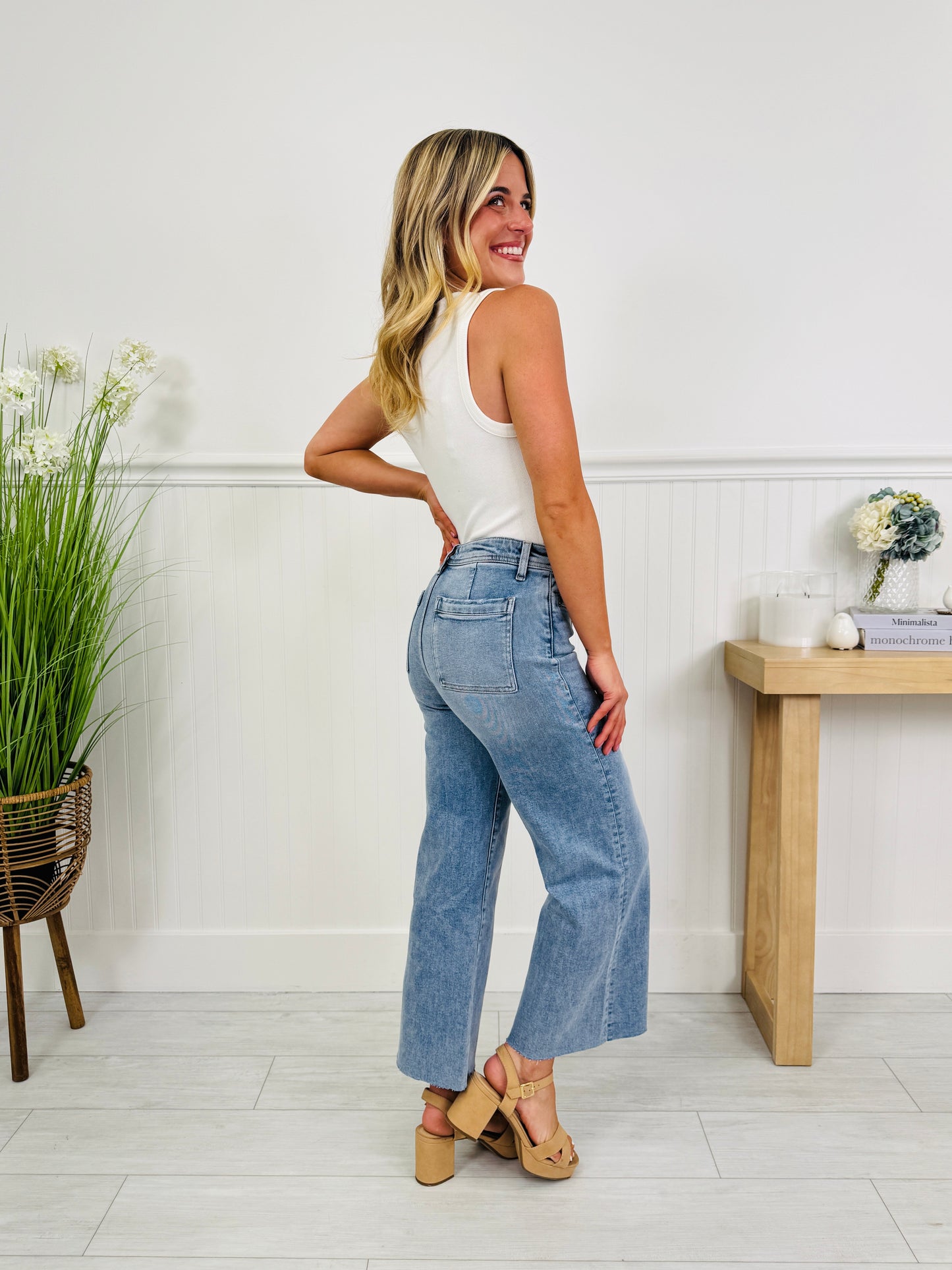 Front and Center Tummy Control Cropped Wide Leg Jeans