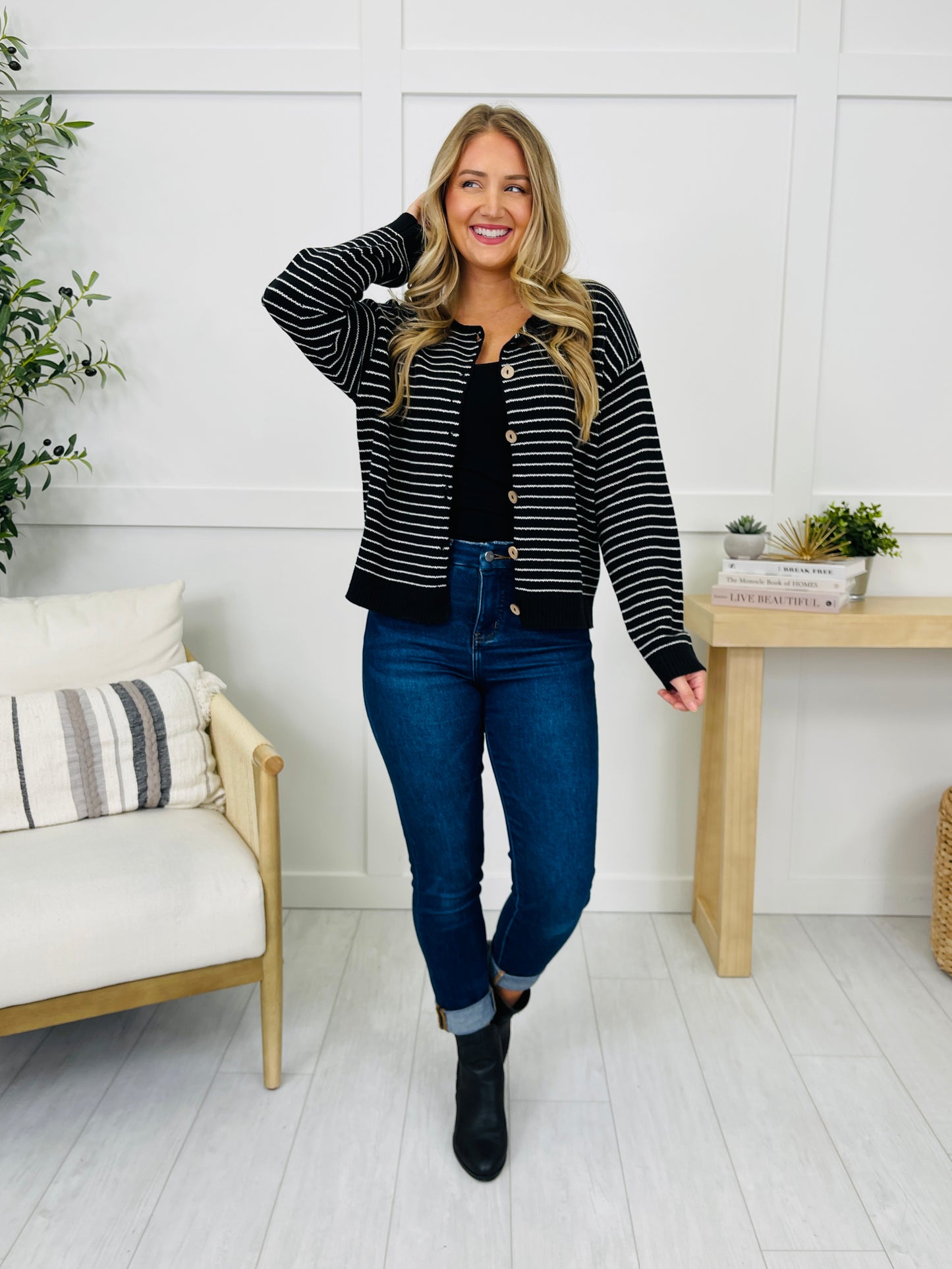 Polished In Stripes Cardigan in Black