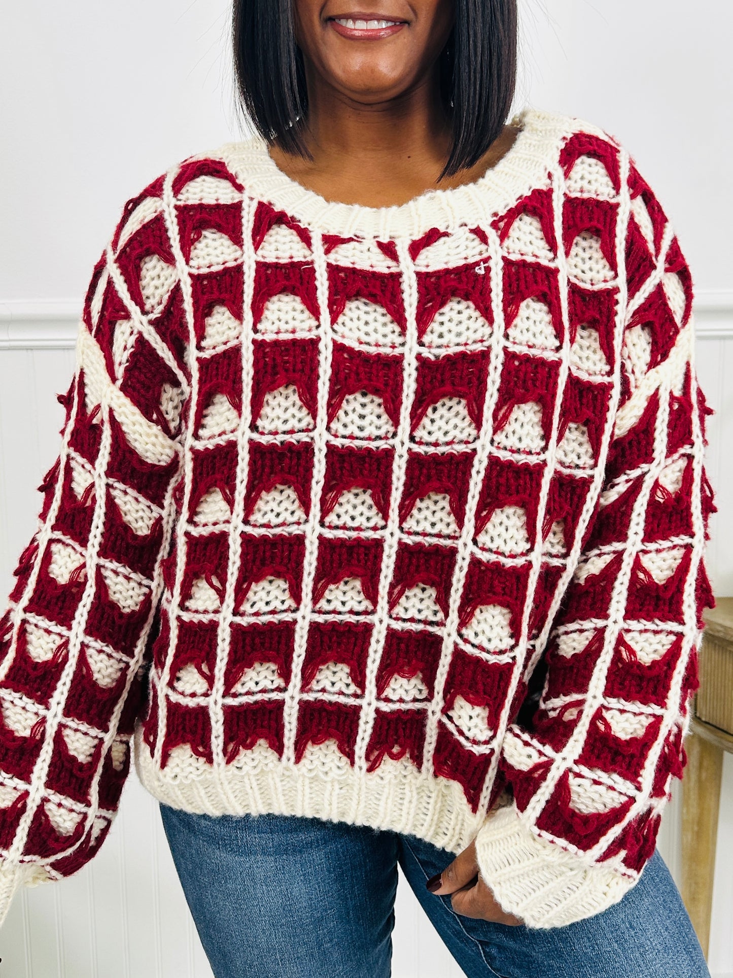 Frosted Grid Sweater in Burgundy