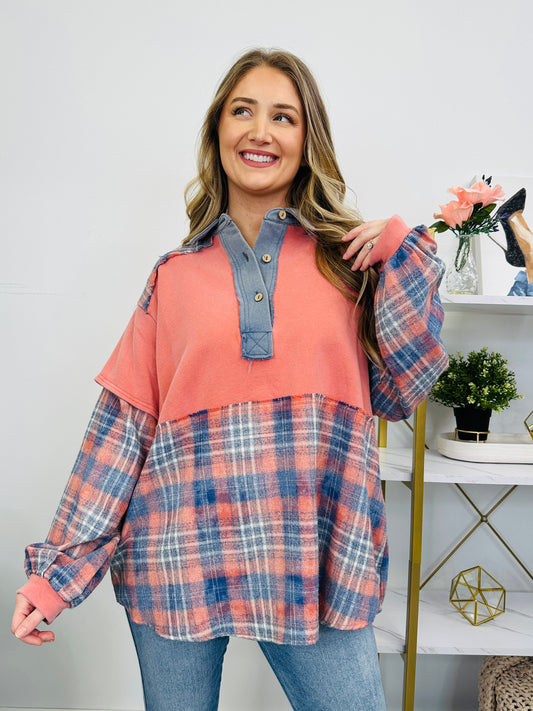 Plaid Replies Only Pullover in Dusty Coral Blue