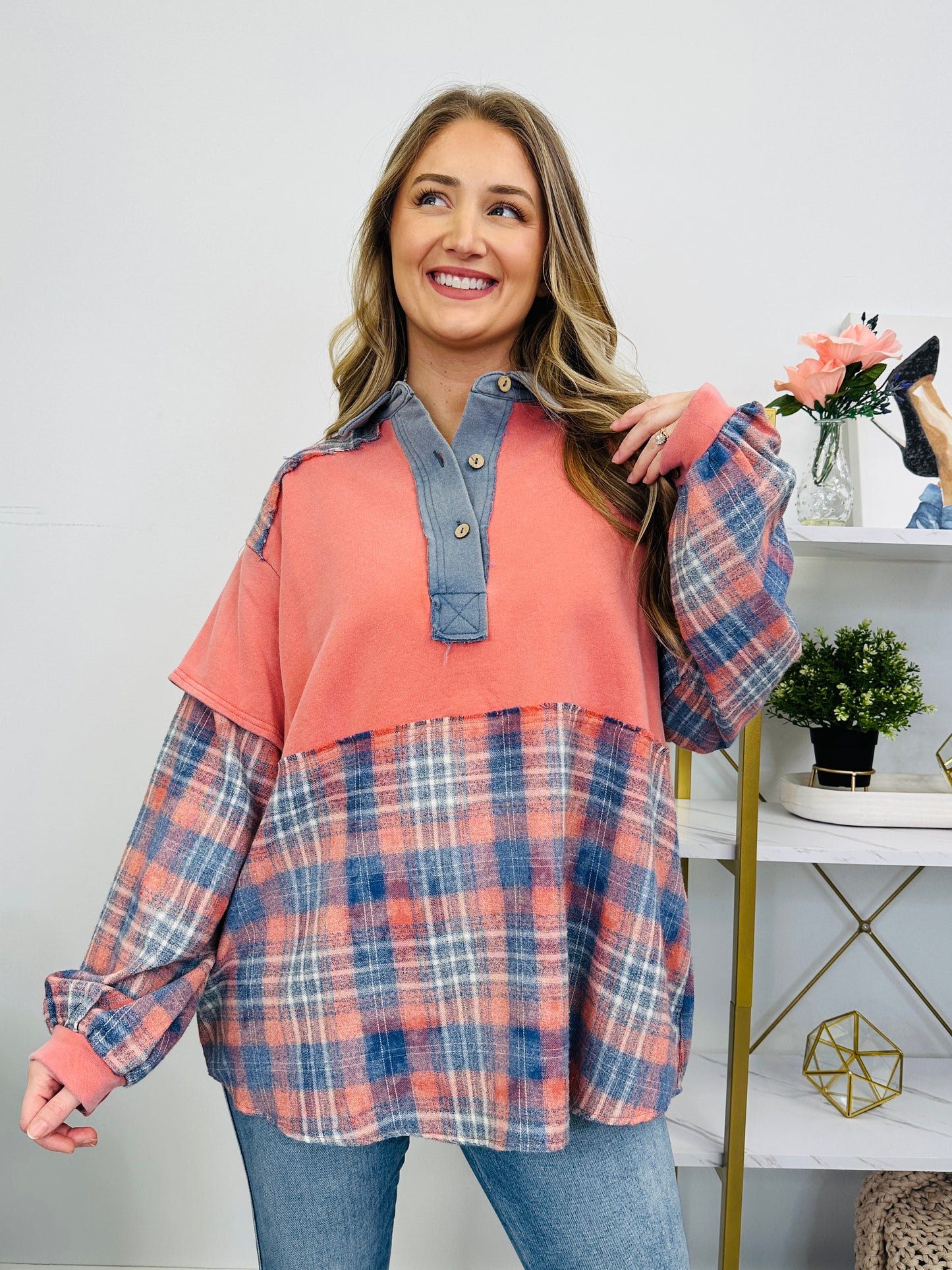 Plaid Replies Only Pullover in Dusty Coral Blue