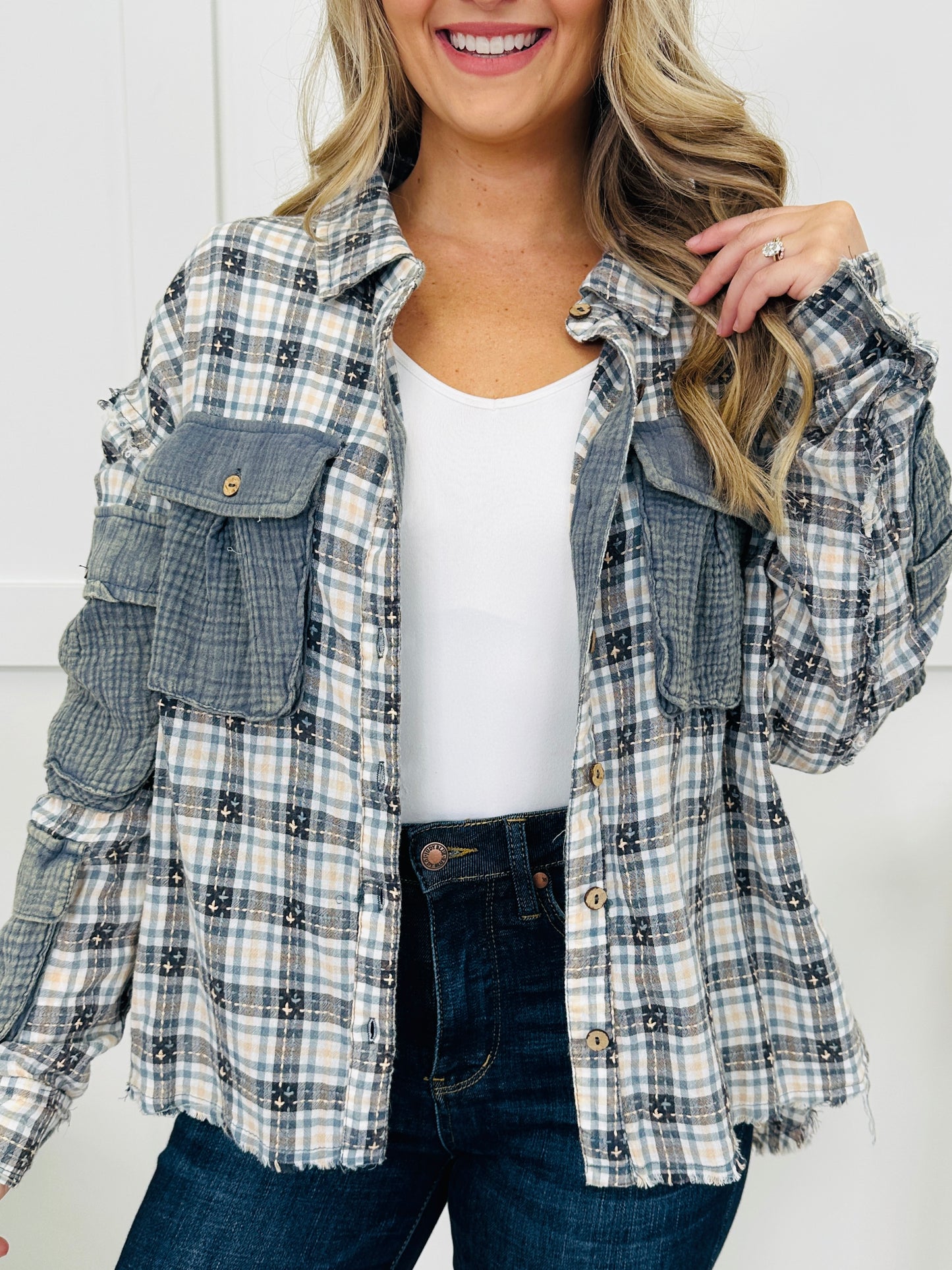 Checked Into You Top in Navy