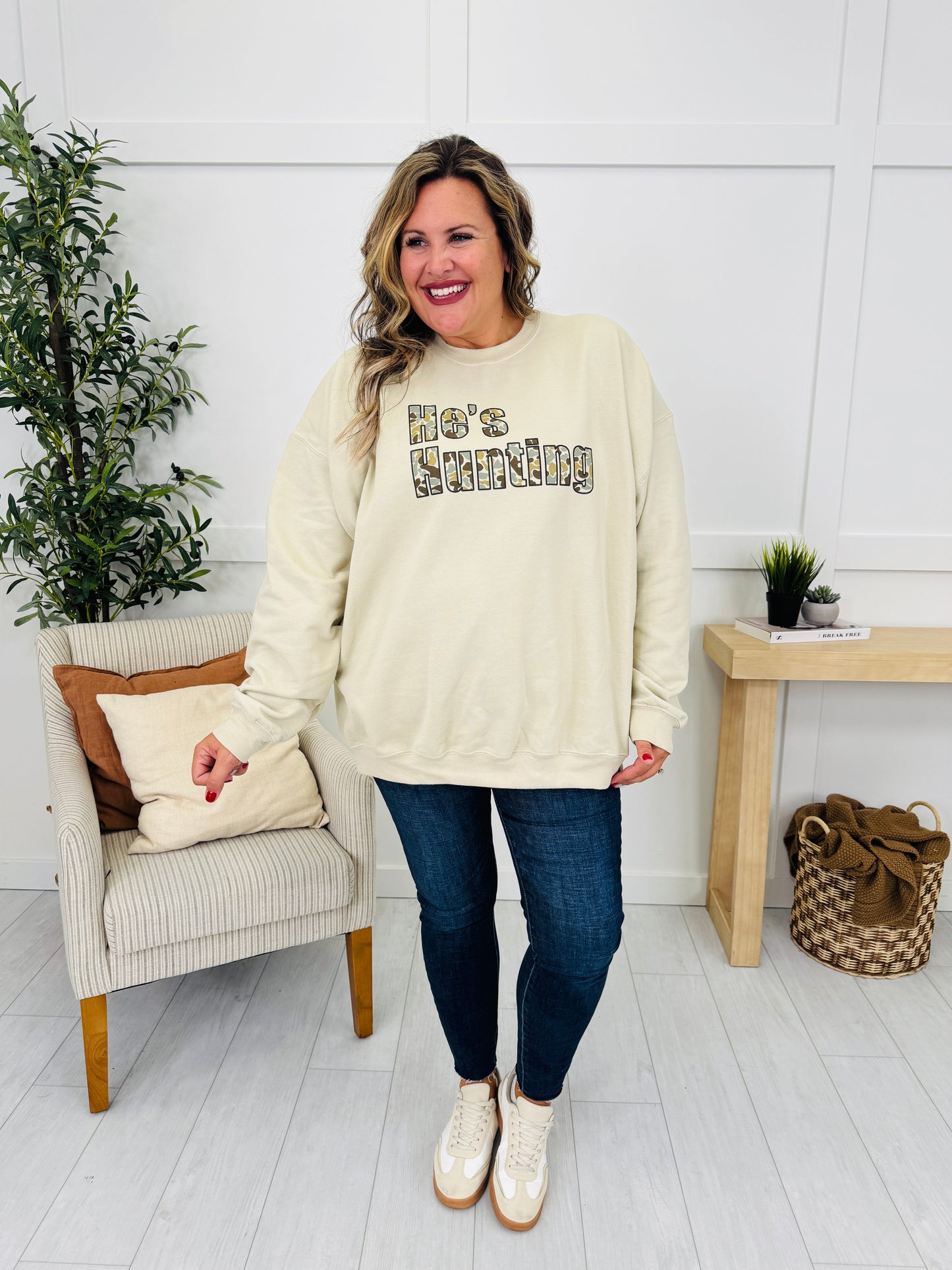 He's Hunting Graphic Crewneck Sweatshirt