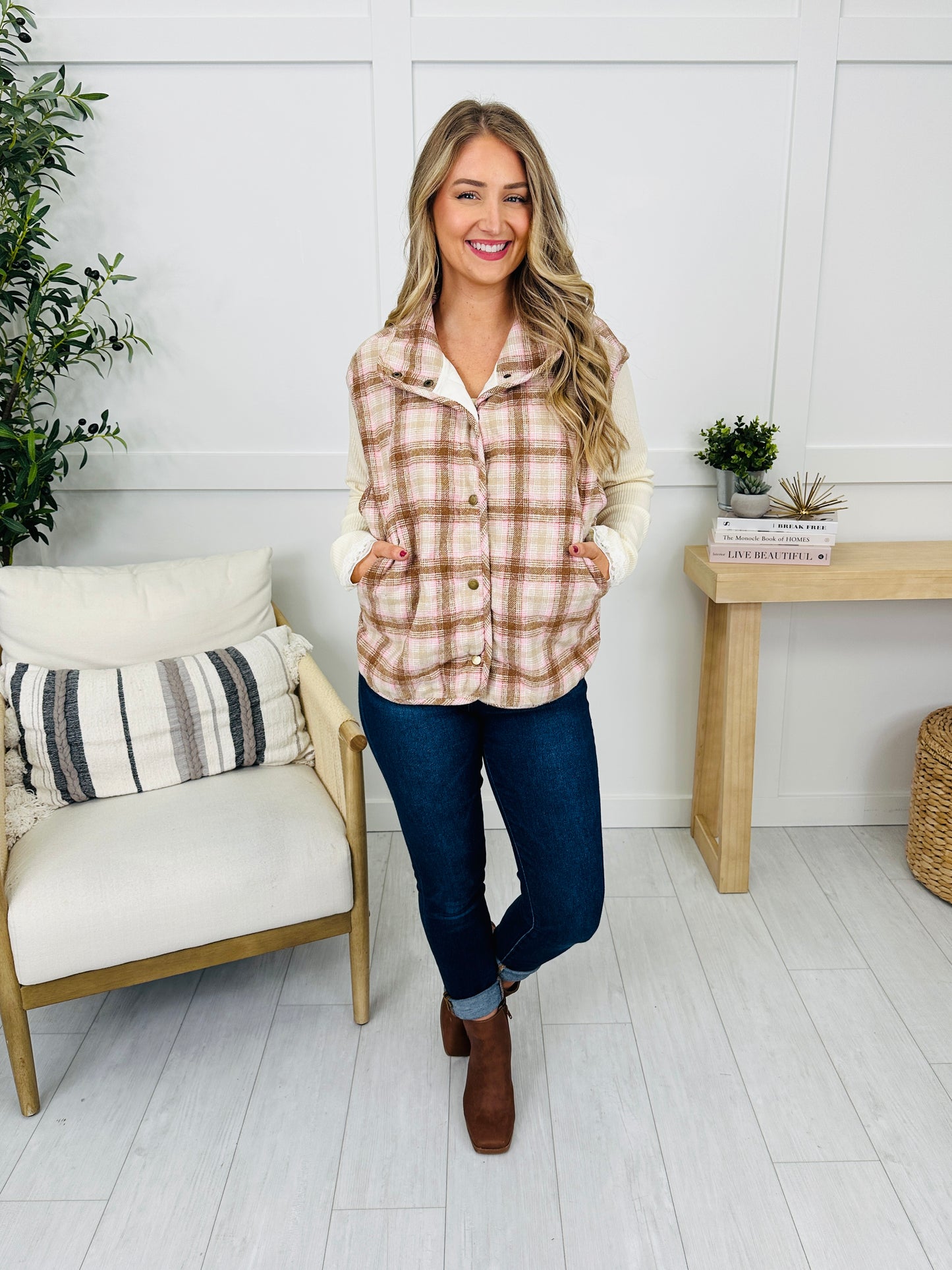 Plaid Wishes Vest in Taupe/Caramel