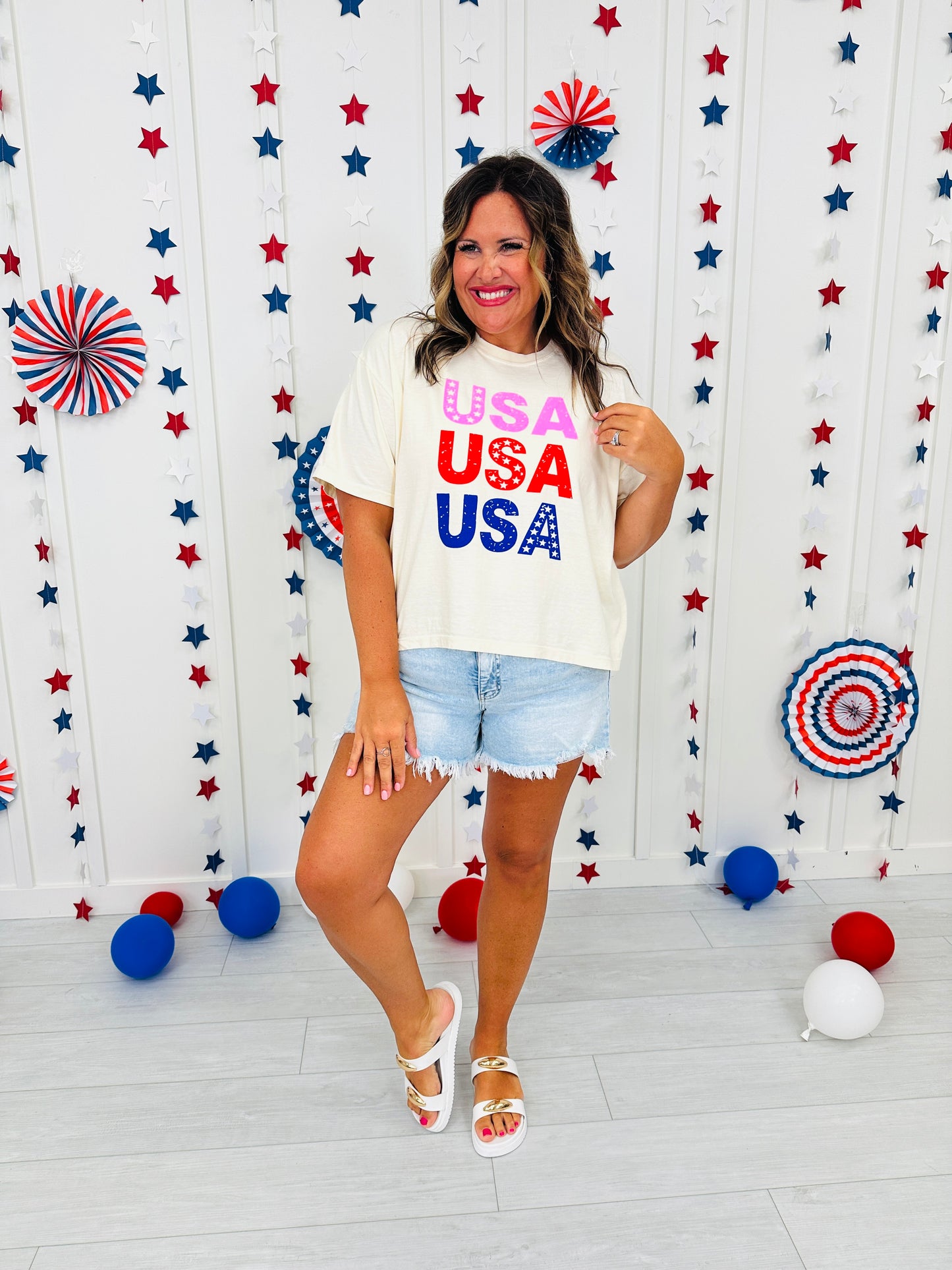 Pink Red And Blue USA Boxy Graphic Tee