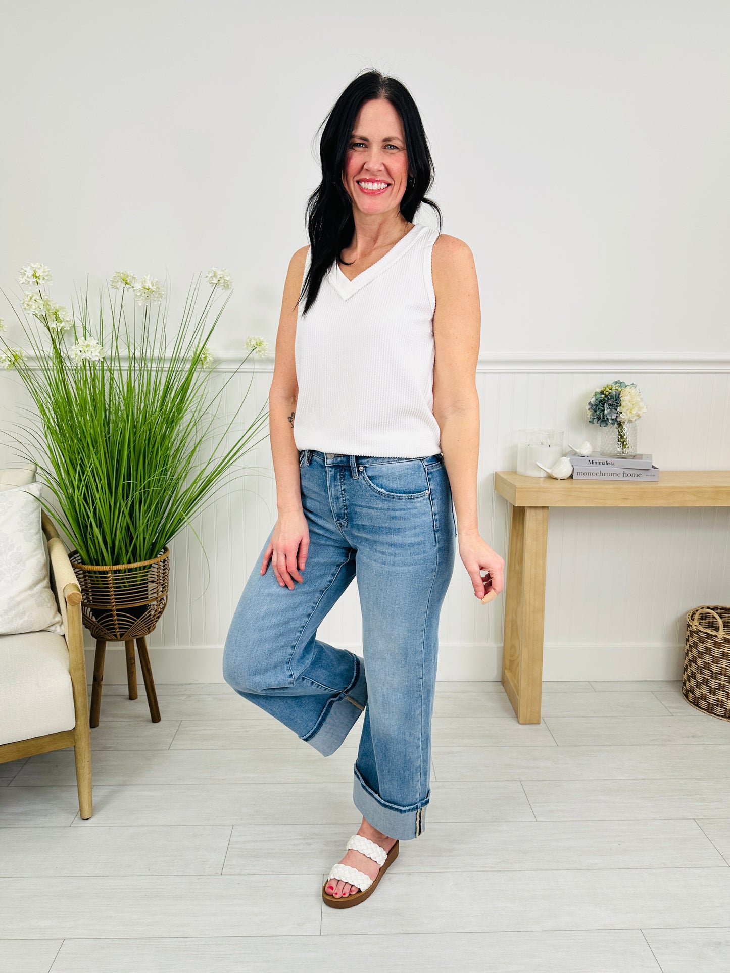 Off The Cuff Wide Leg Cuffed Tummy Control Cropped Jeans