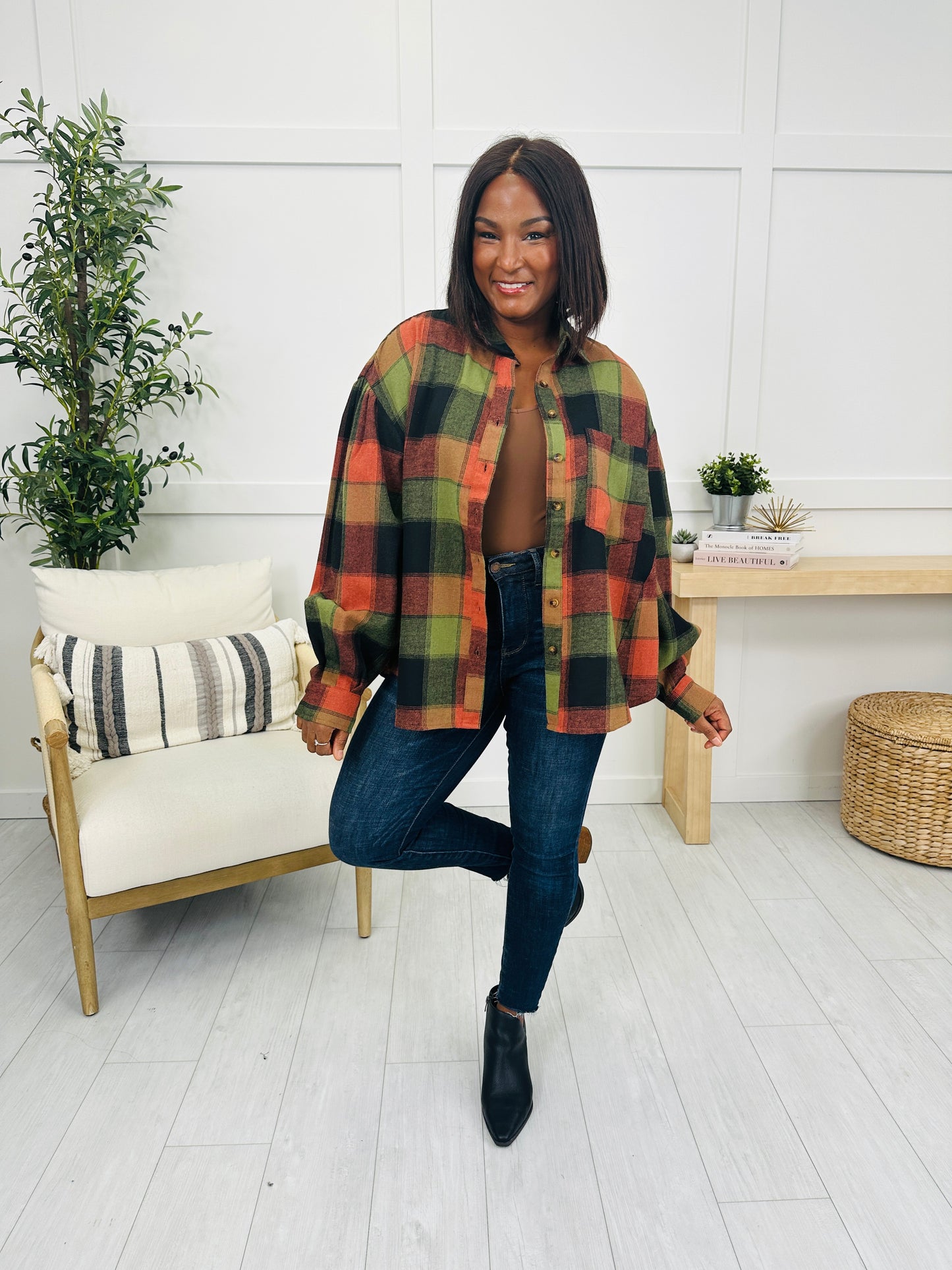 Meet Me At The Bonfire Flannel in Olive/Rust