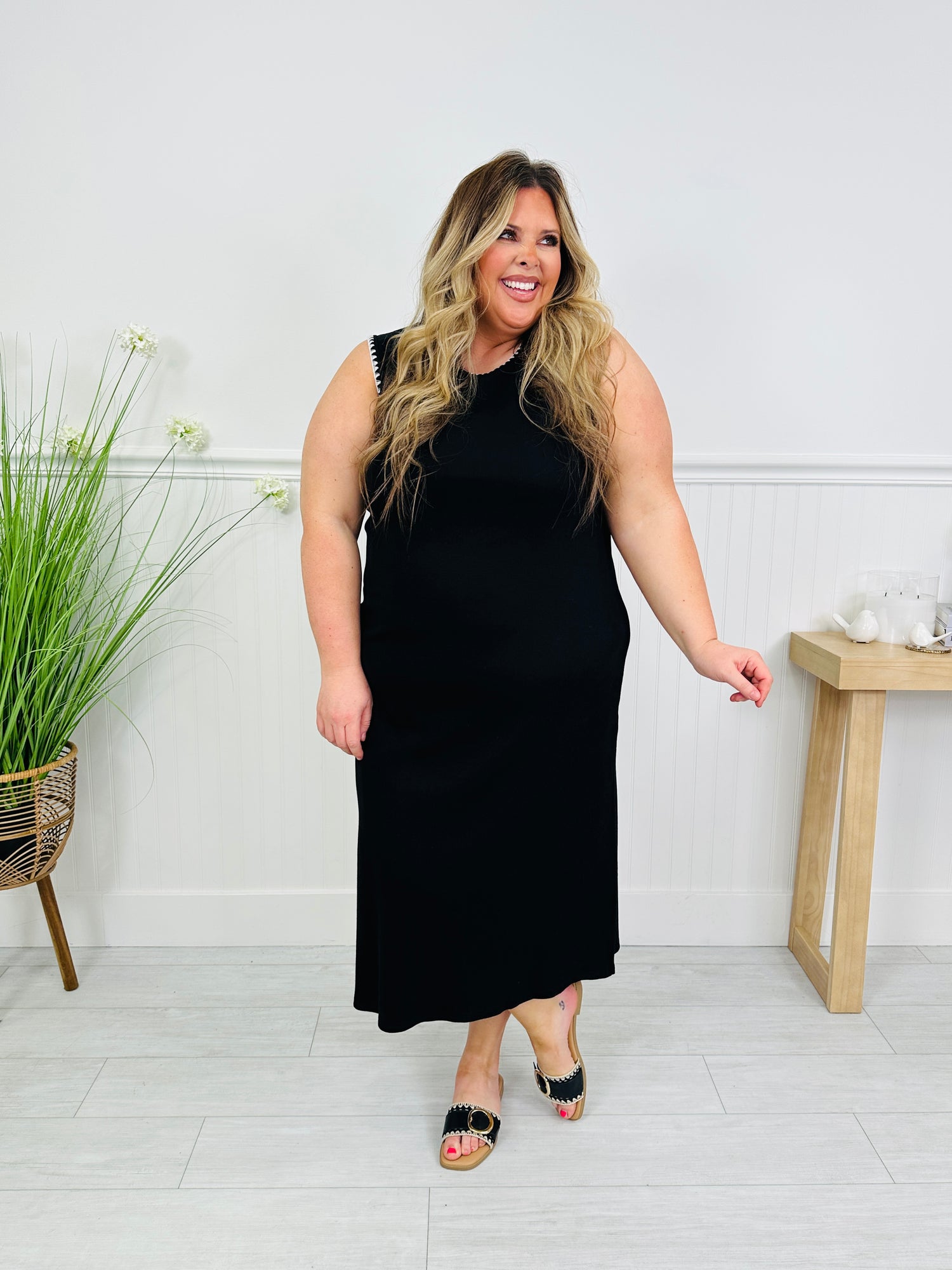 basic black midi dress Marcella | Ashley Sleeveless Dress in Off White | Women's Size Large | Ponte main image 1
