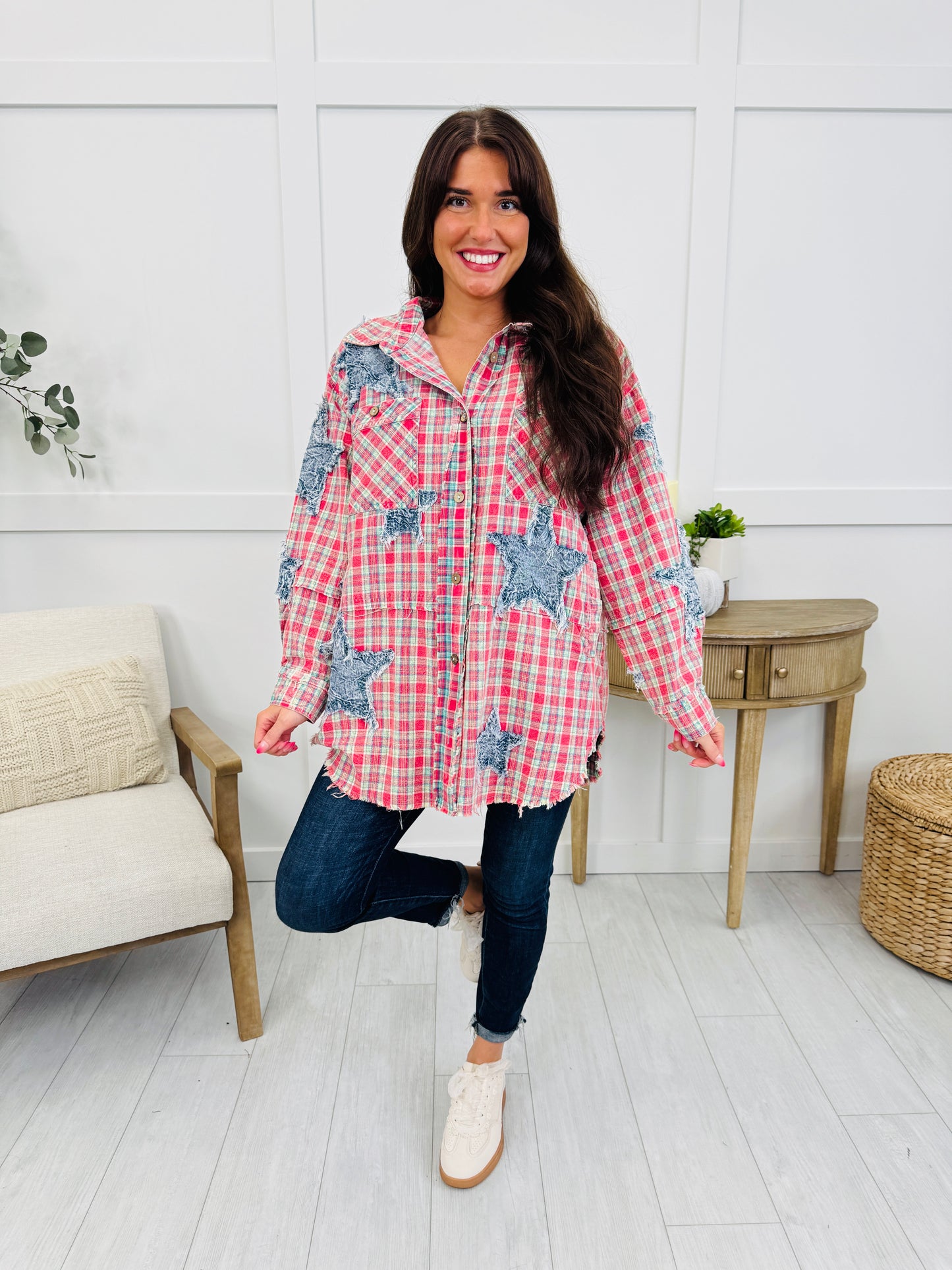 Main Street Plaid Shacket In Red