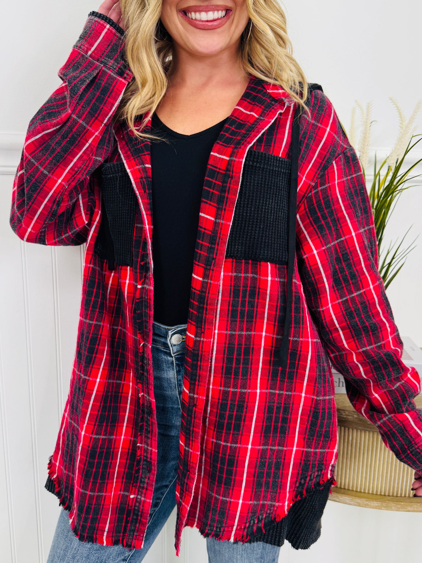 Falling For Flannel Hooded Shacket in Red