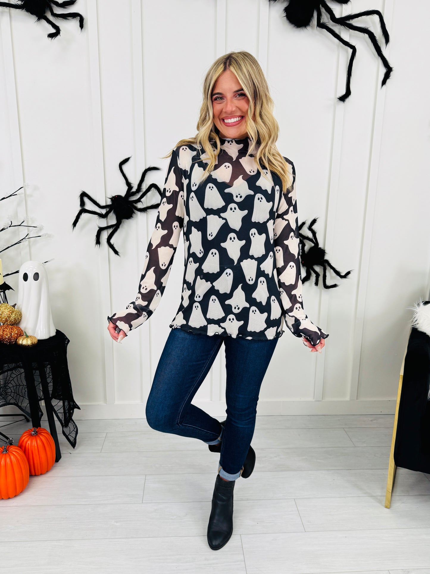 Spooky Things Mesh Top In Ghost Print