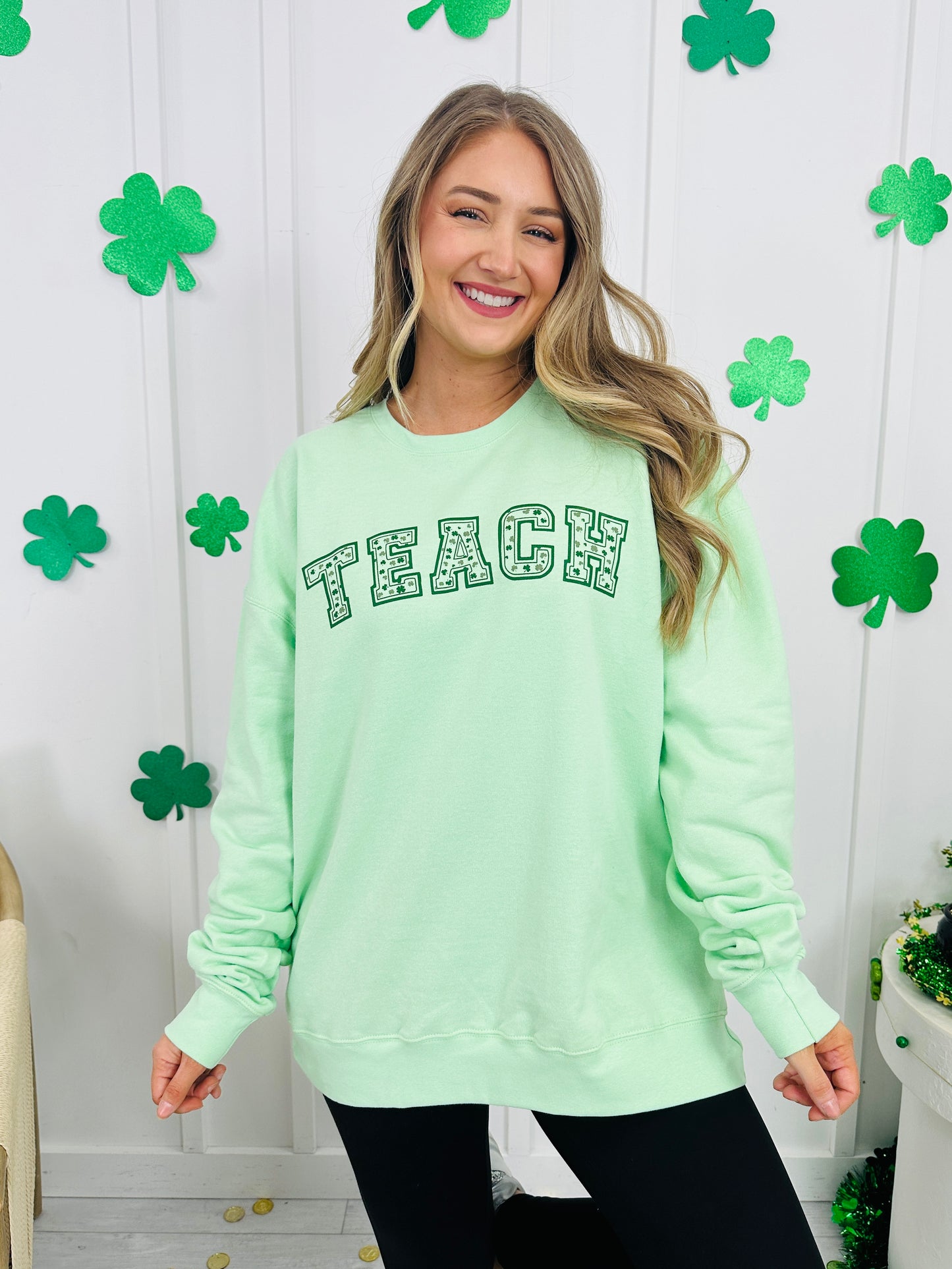 Teach with Clovers Graphic Crewneck Sweatshirt