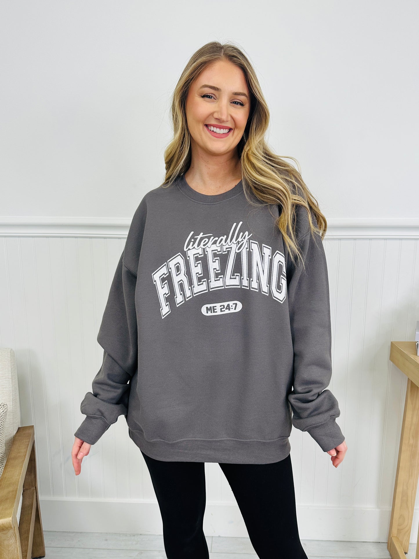 Literally Freezing Graphic Crewneck Sweatshirt In Charcoal