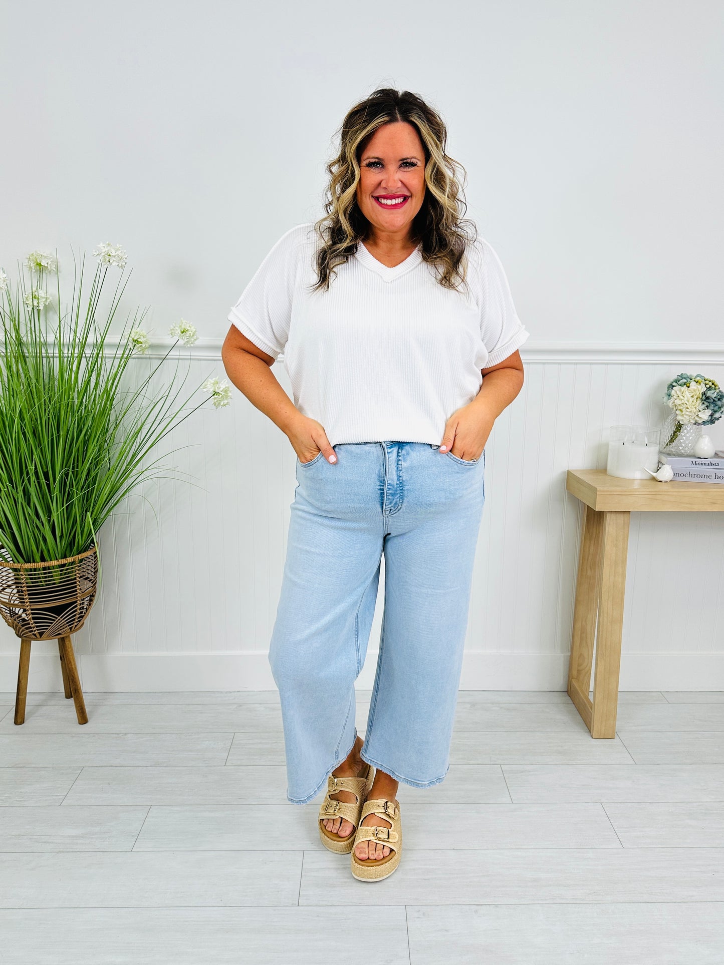 Sunflower Season Tummy Control Wide Leg Cropped Jeans