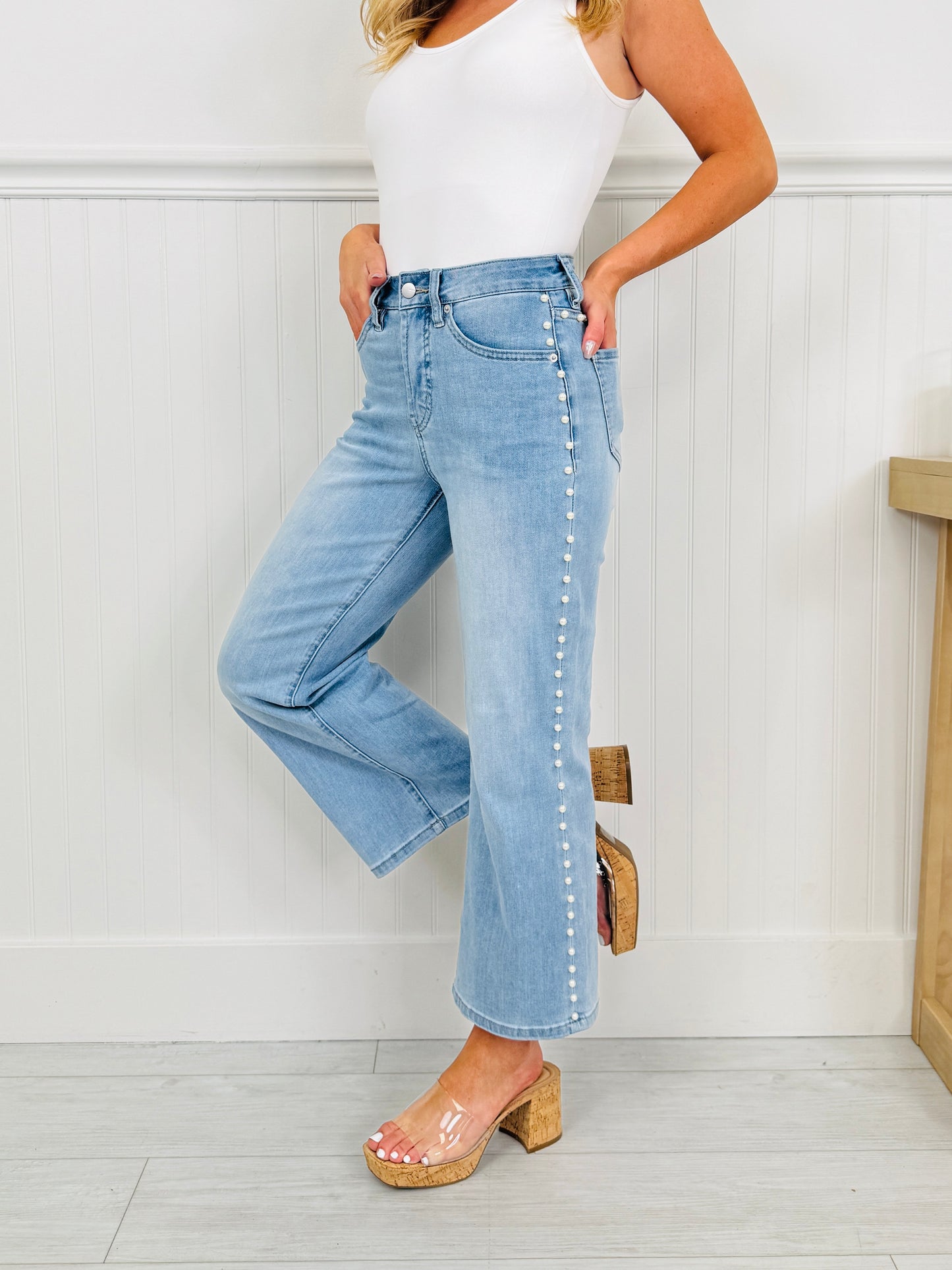 Pearl Pop Cropped Wide Leg Tummy Control Jeans