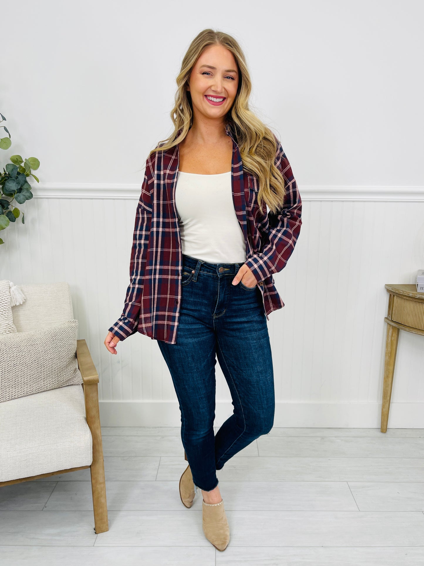 Through The Pines Top in Burgundy Multi