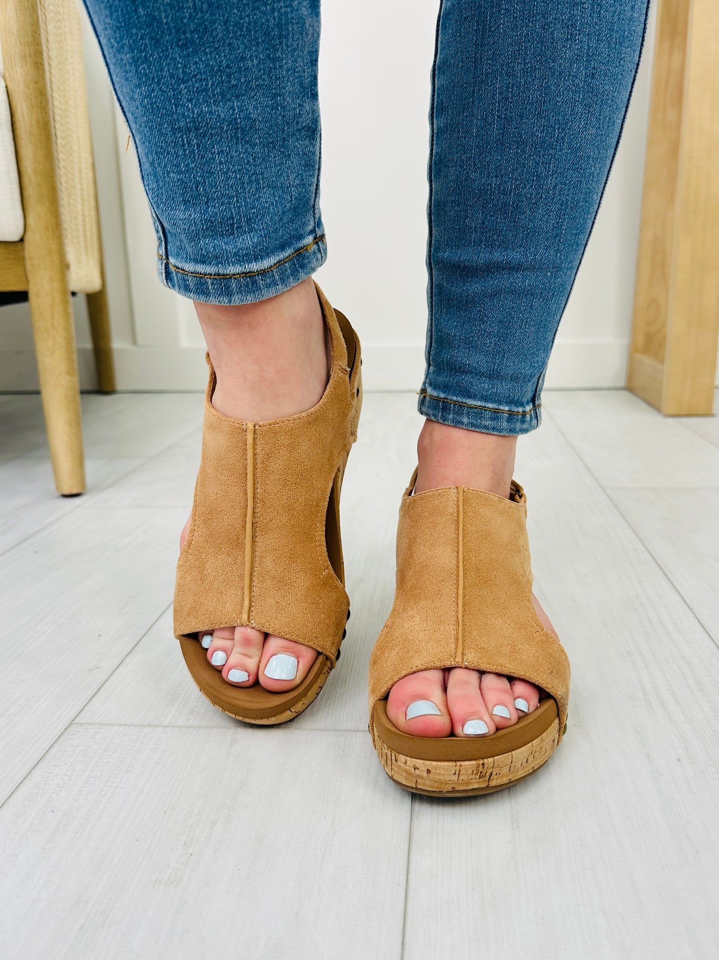 Studded Steps Wedges In Camel Faux Suede