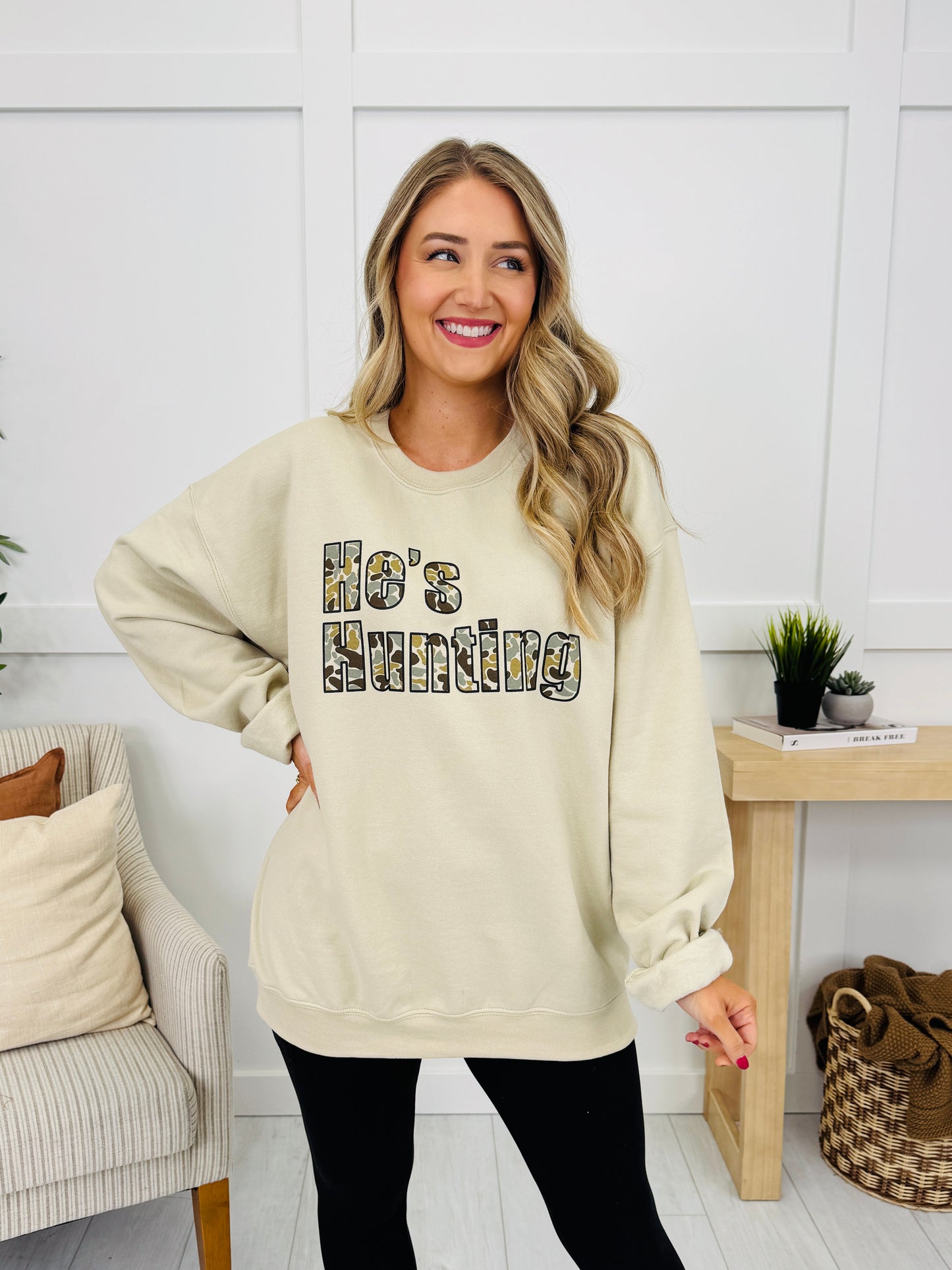 He's Hunting Graphic Crewneck Sweatshirt
