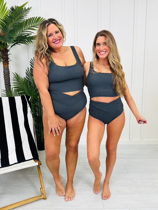High Waisted V-Cut Swim Bottoms In Black/Charcoal Gingham