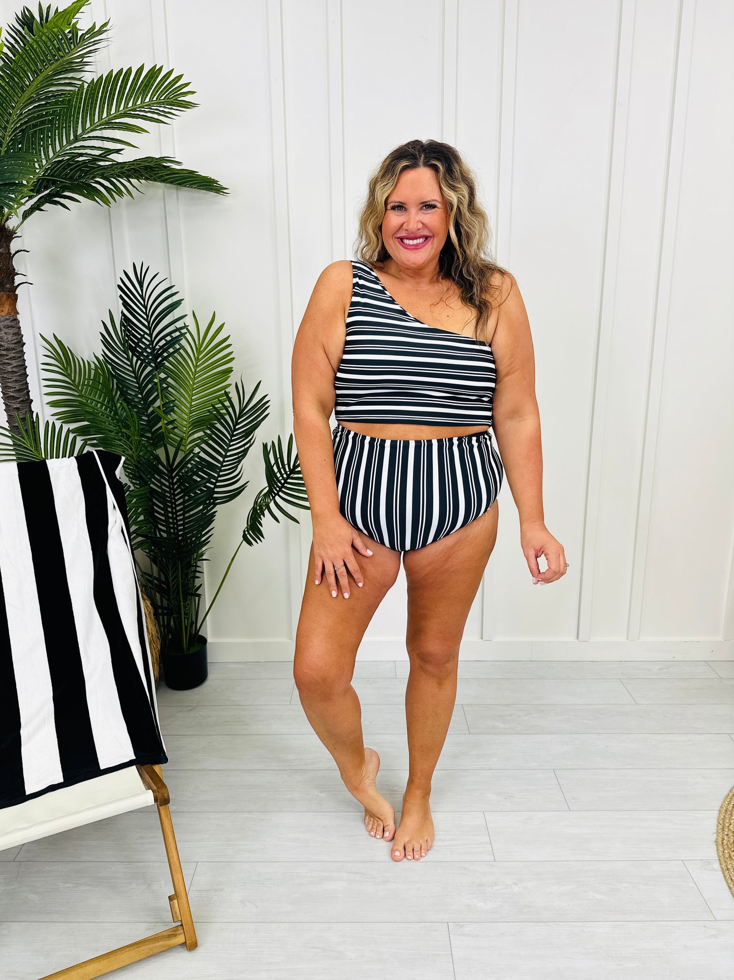 High Rise Reversible Swim Bottoms In Black/White Stripe