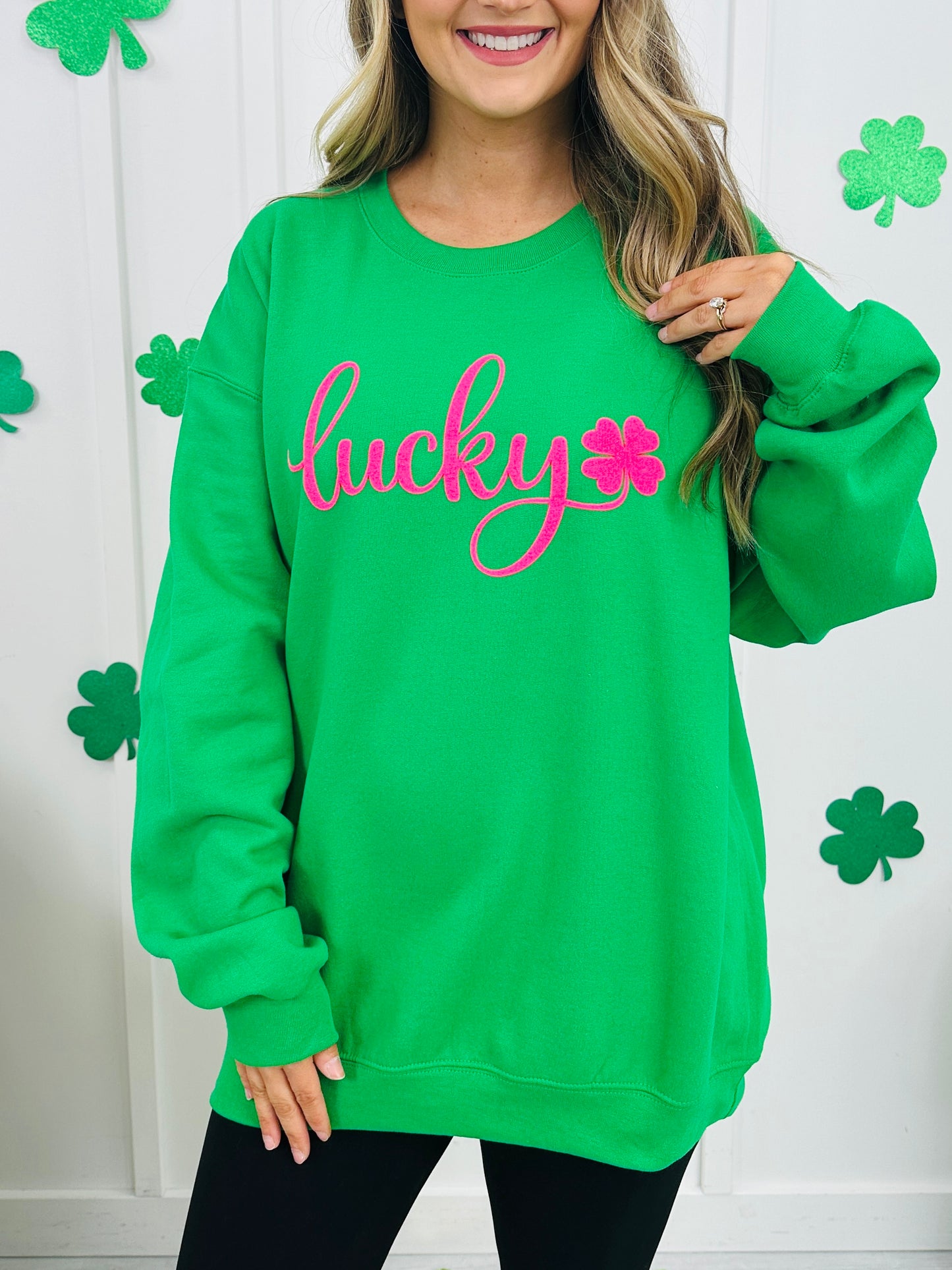 Pink Lucky Clover Puff Graphic Crewneck Sweatshirt