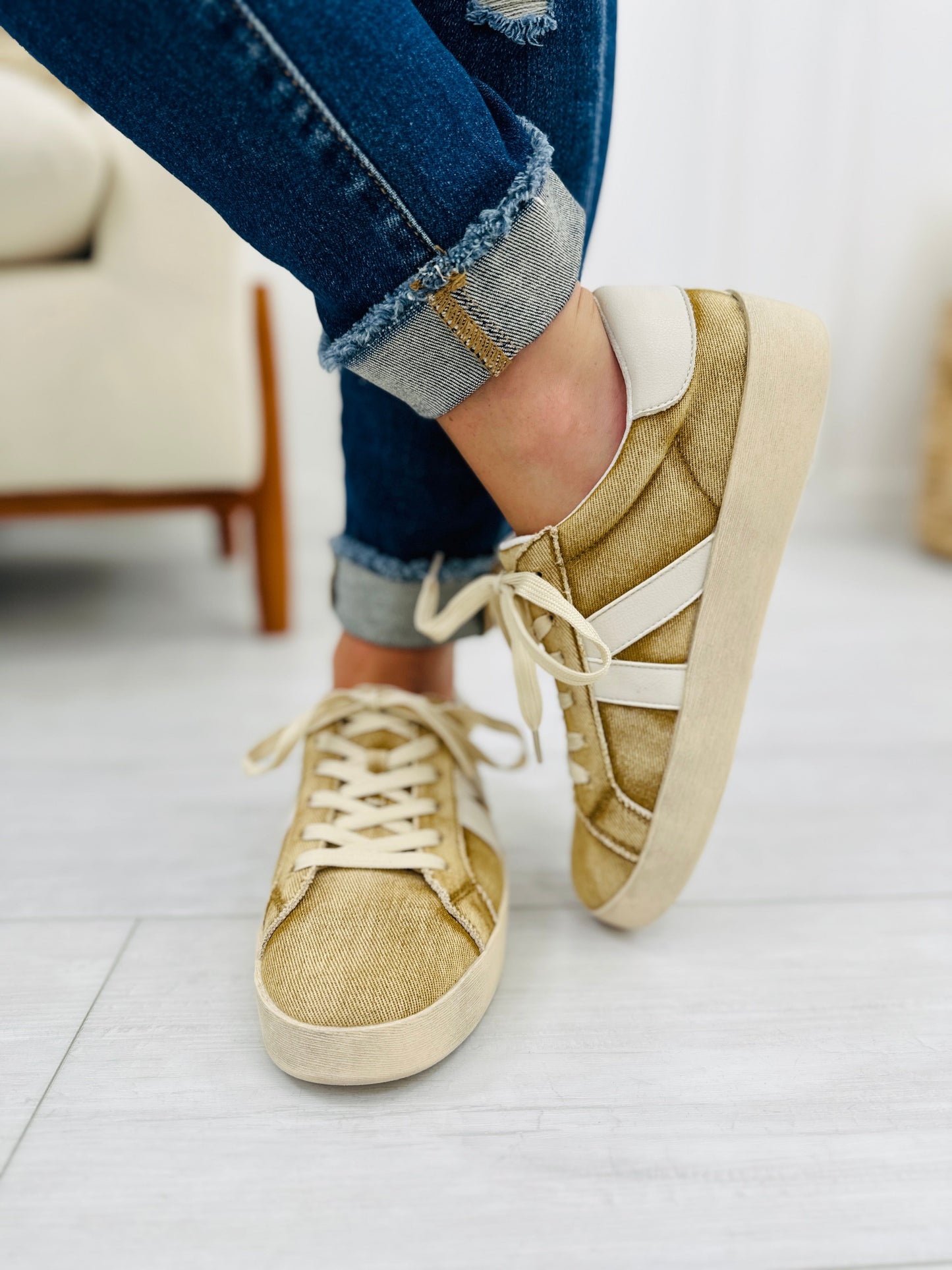 Walk A Mile Sneakers In Washed Tan Denim