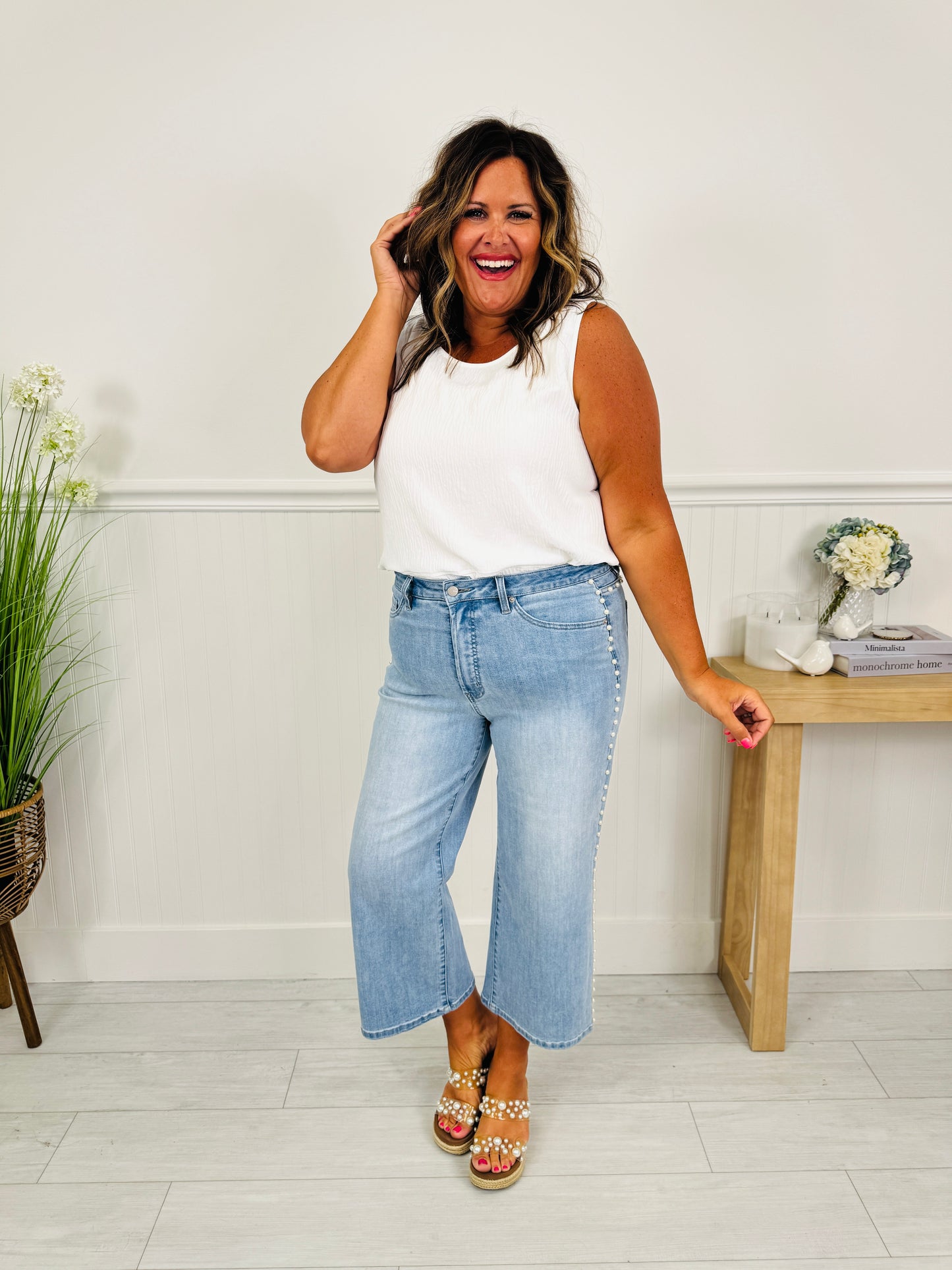 Pearl Pop Cropped Wide Leg Tummy Control Jeans