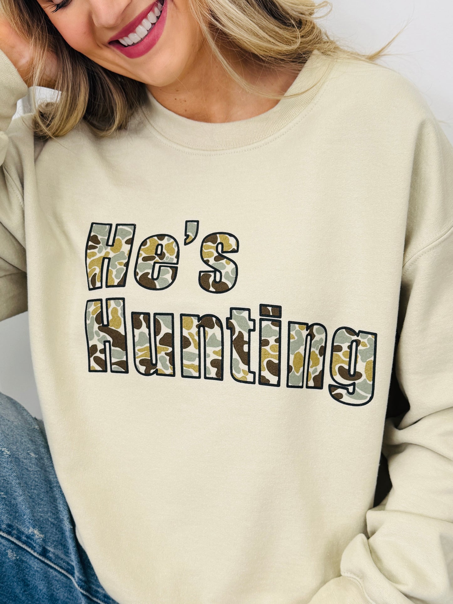 He's Hunting Graphic Crewneck Sweatshirt