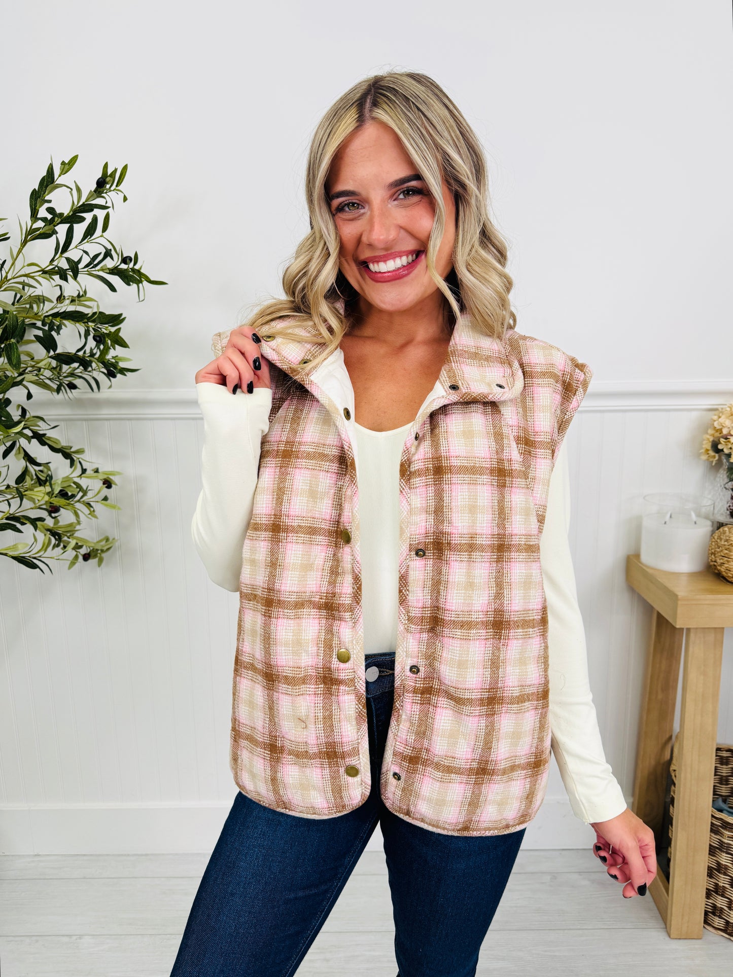 Pretty In Plaid Vest In Taupe