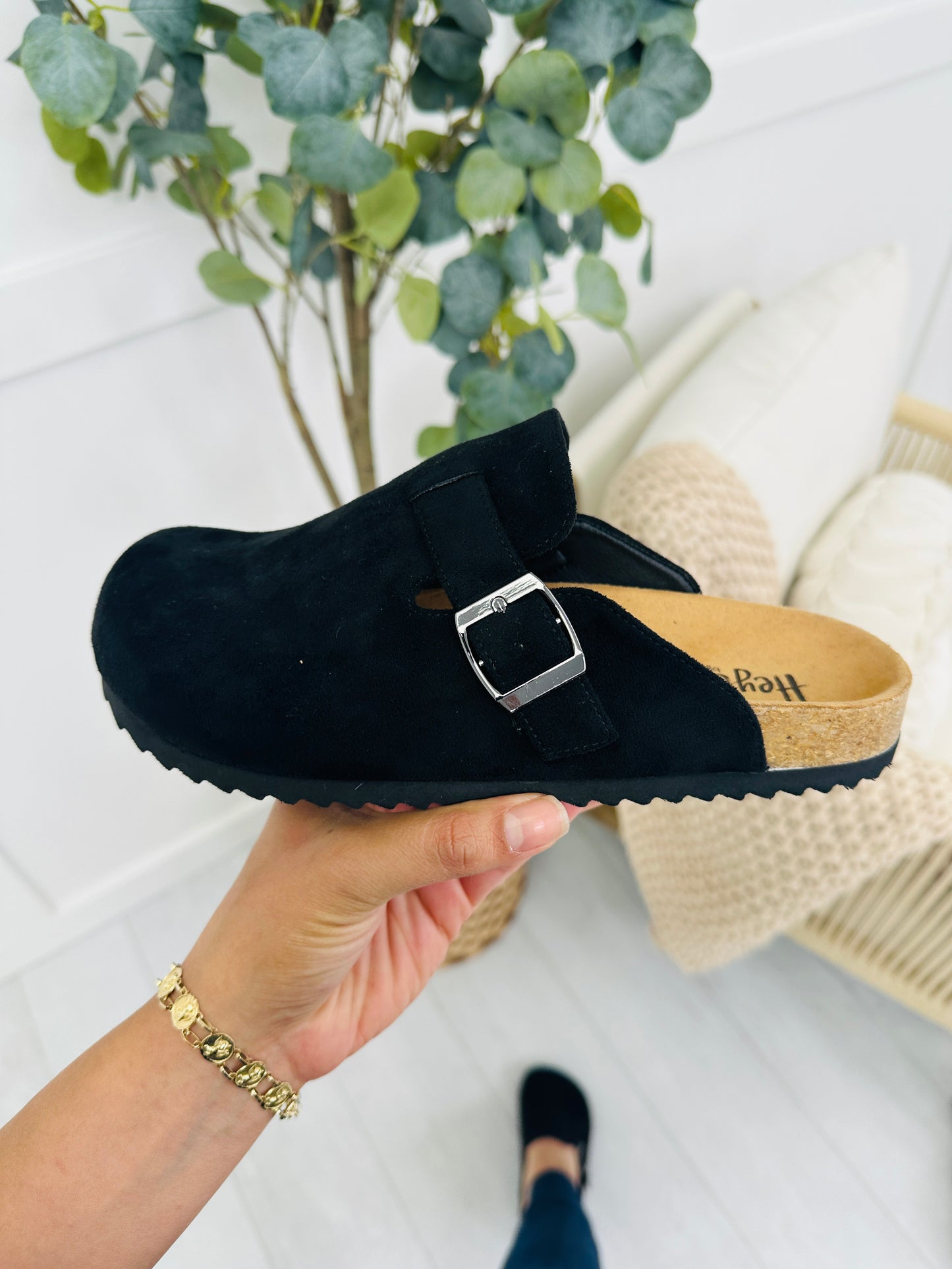 Velvet Voyage Clogs In Black Faux Suede