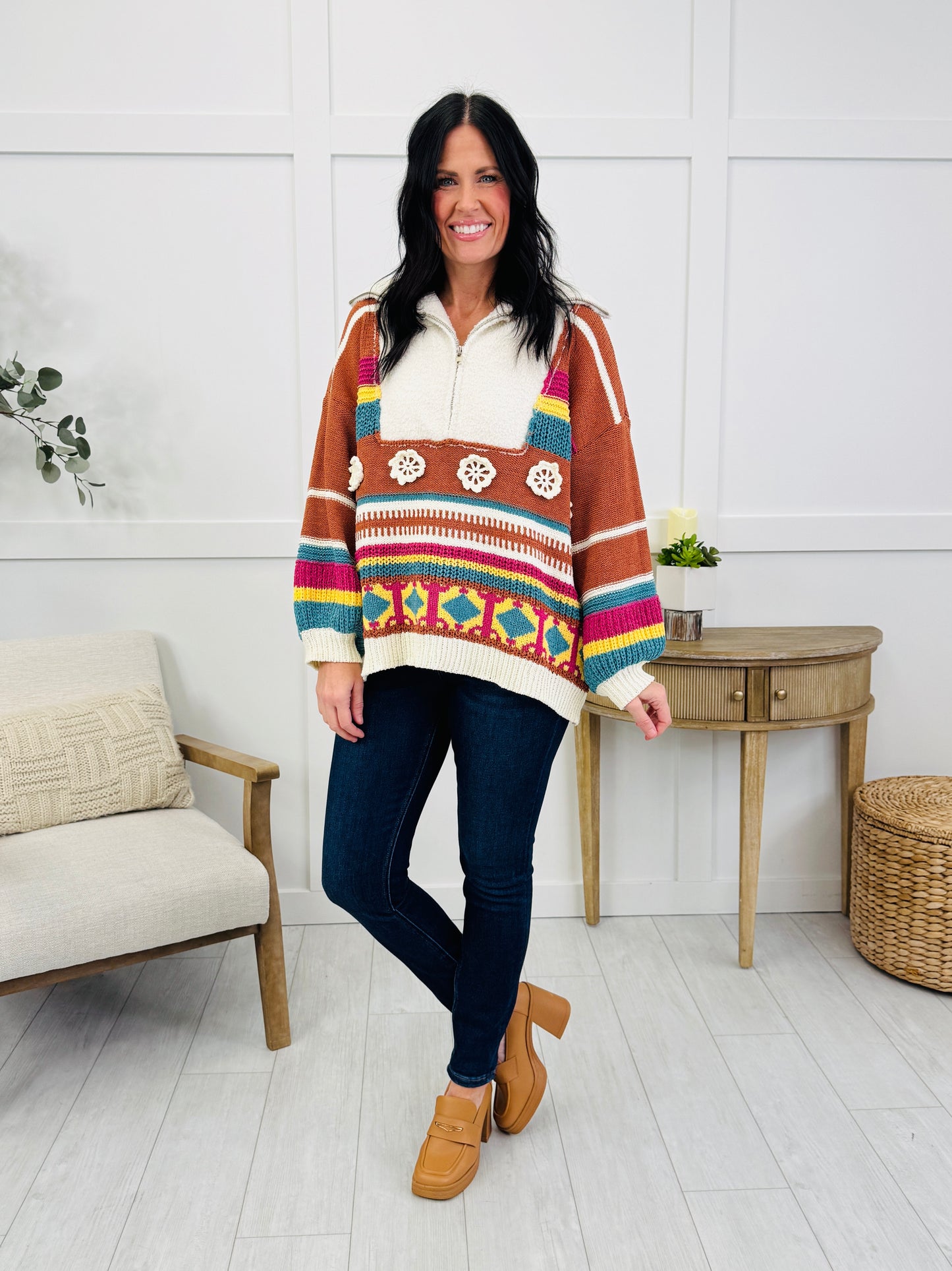Cozy Carnival Sweater In Brick Multi