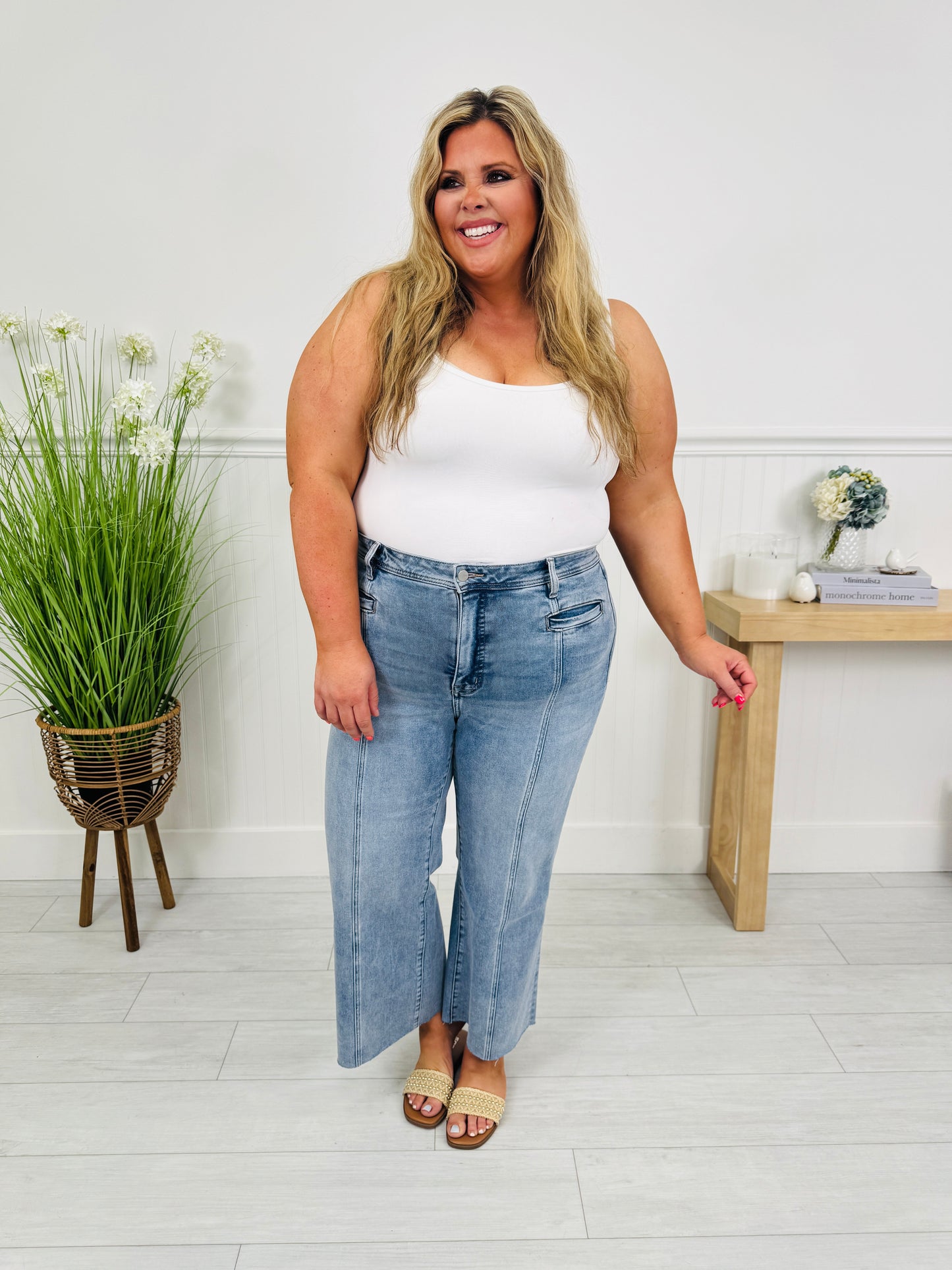 Front and Center Tummy Control Cropped Wide Leg Jeans