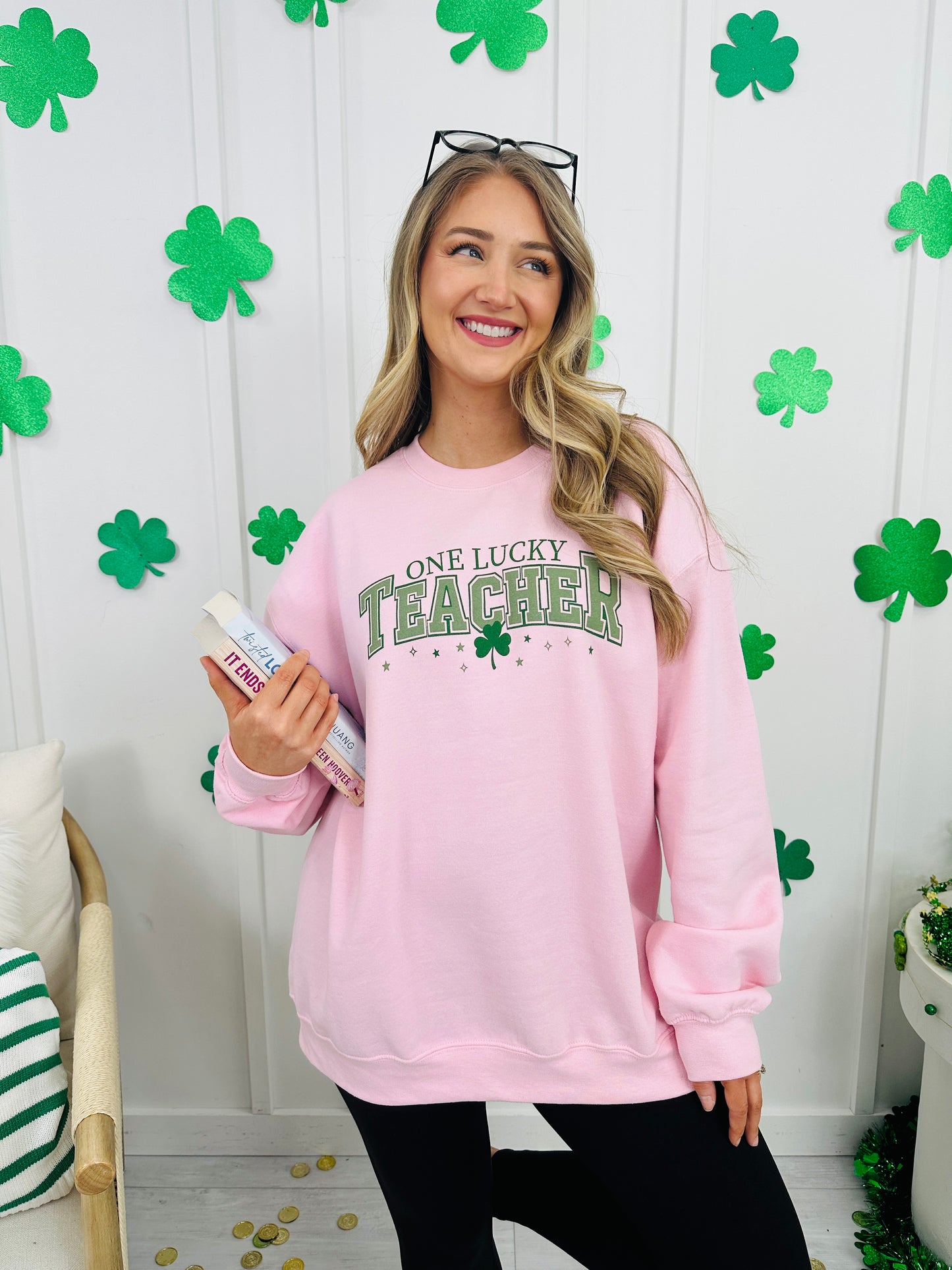 One Lucky Teacher Graphic Crewneck Sweatshirt