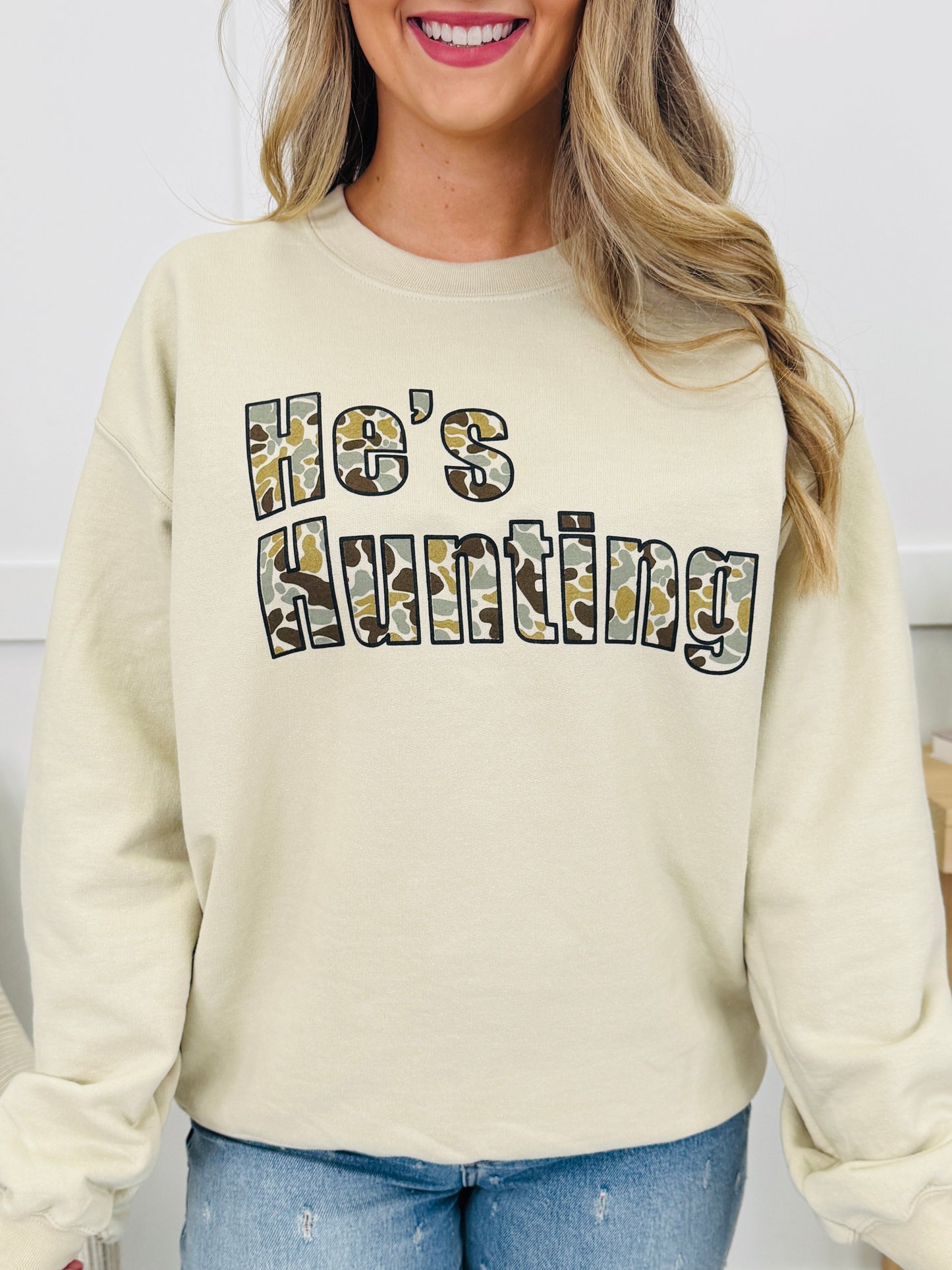 He's Hunting Graphic Crewneck Sweatshirt