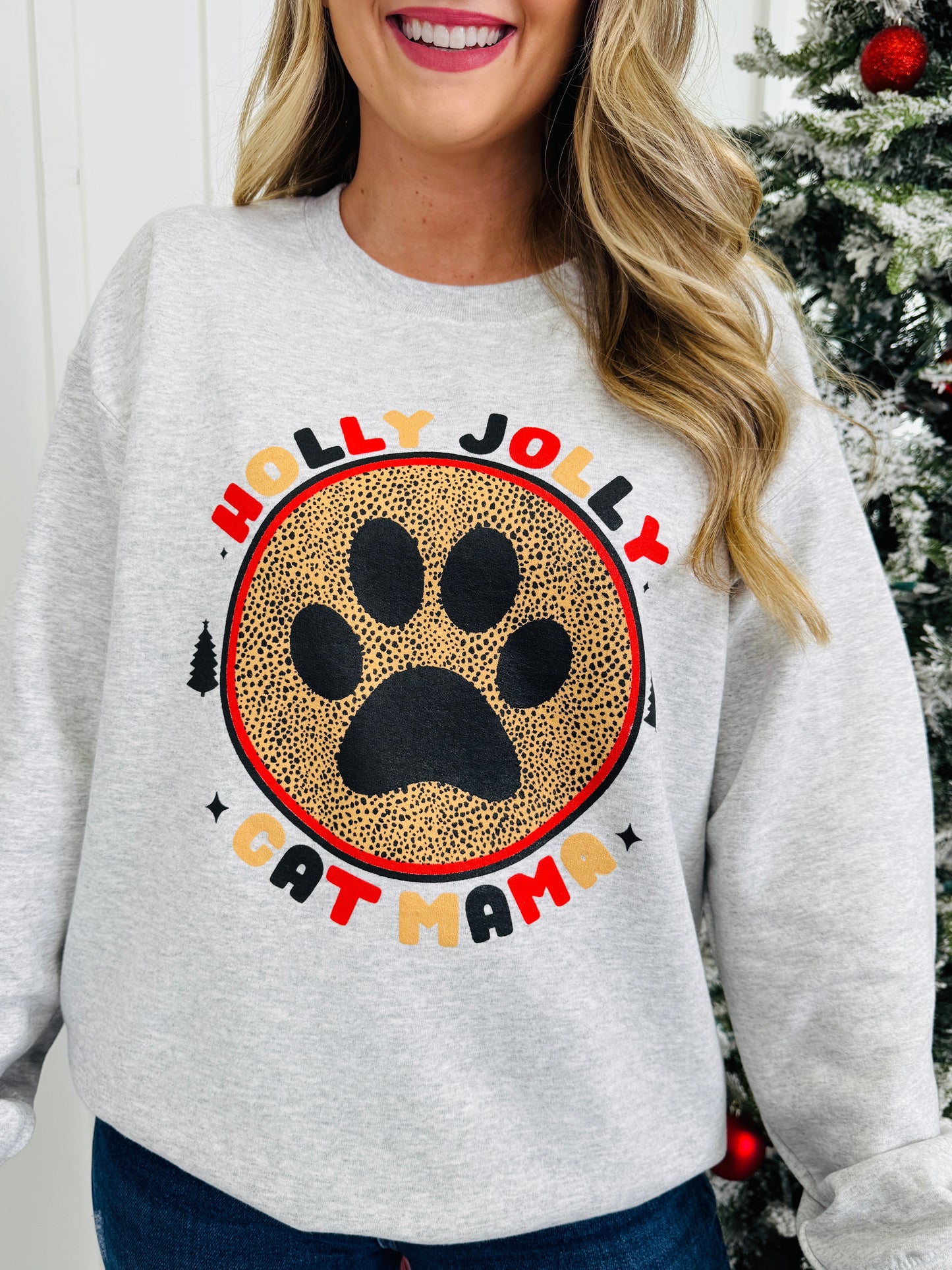 Holly Jolly Cat Mama Graphic Crewneck Sweatshirt