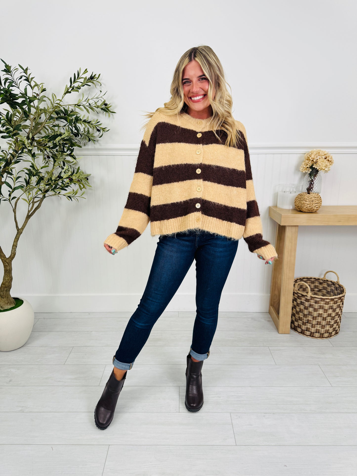 Soft Spot For Stripes Cardigan In Taupe