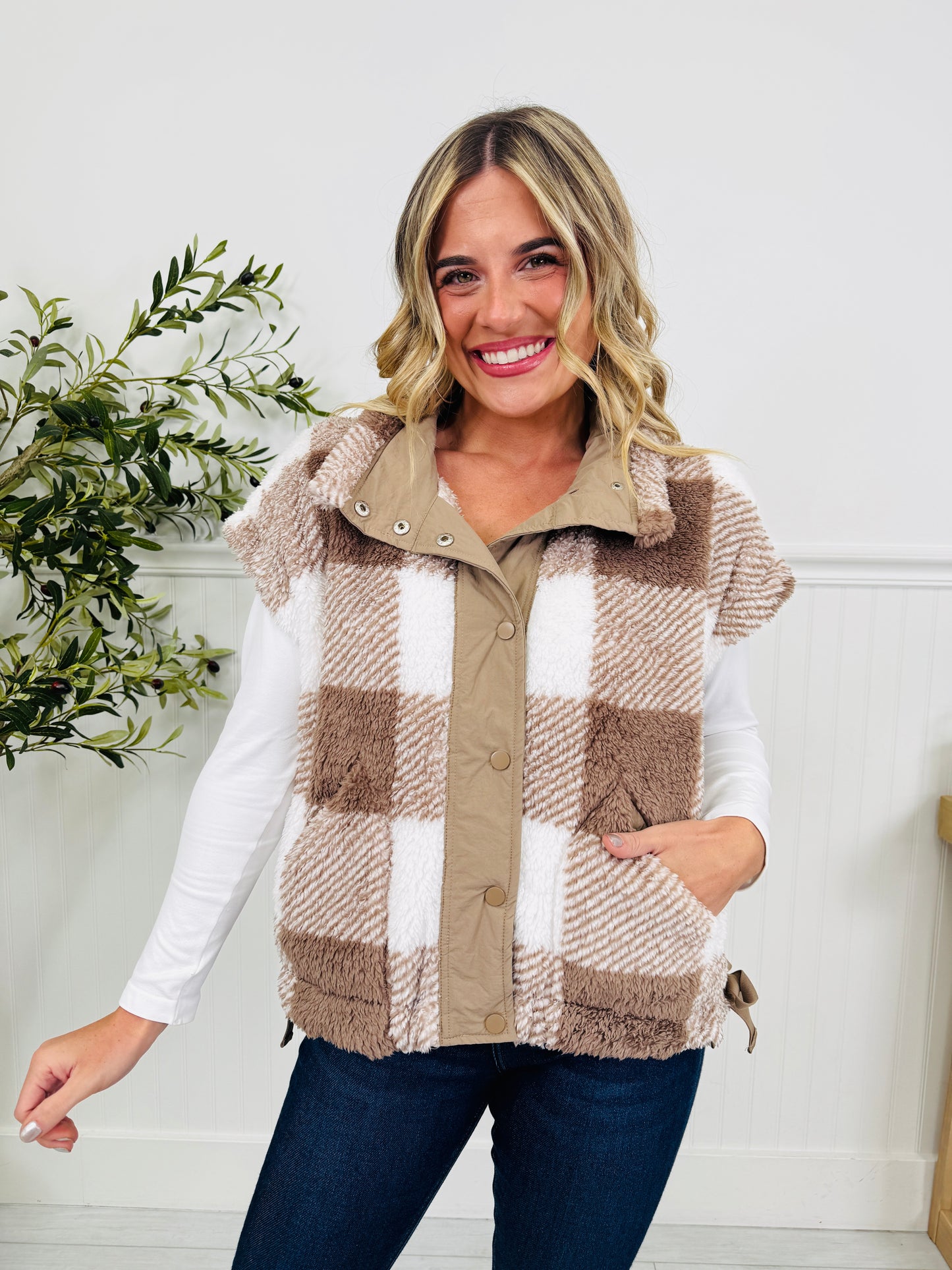 Plaid To Perfection Vest In Taupe