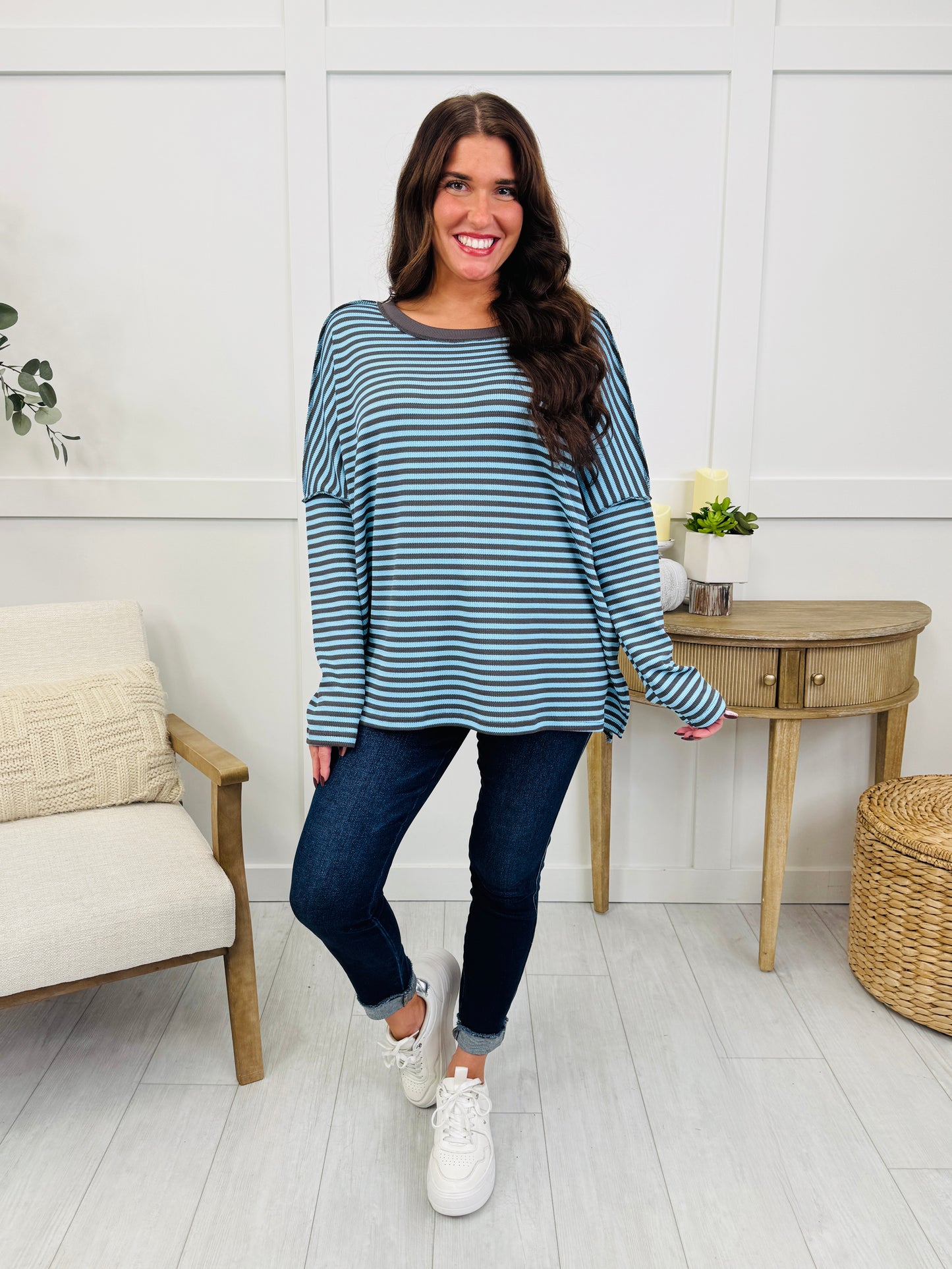 Cozy in Stripes Top In Mint Brown