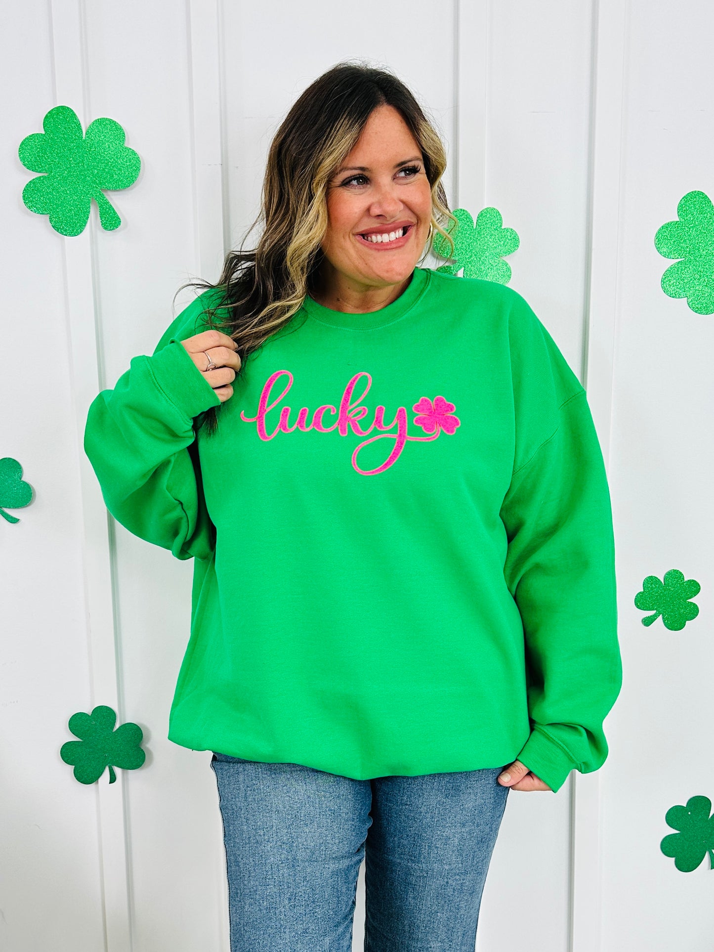 Pink Lucky Clover Puff Graphic Crewneck Sweatshirt