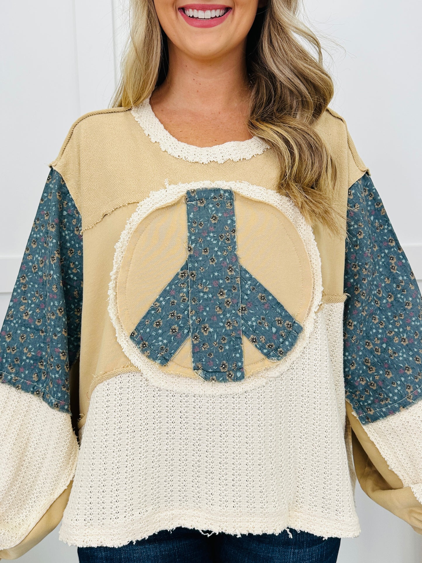 Spread Good Vibes With A Peace Sign Pullover in Toasted Almond