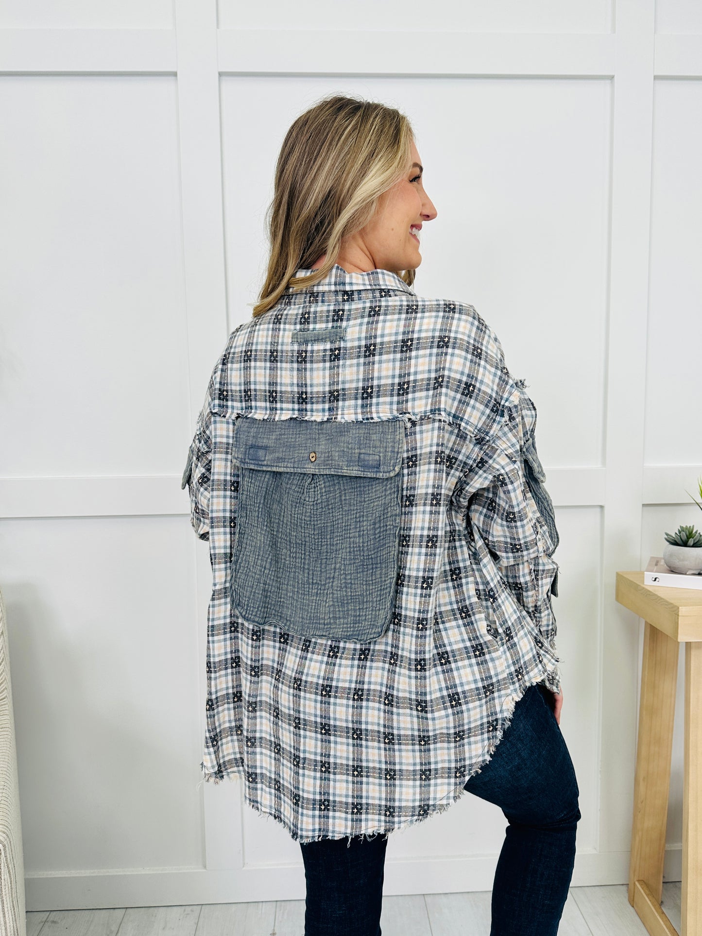 Checked Into You Top in Navy