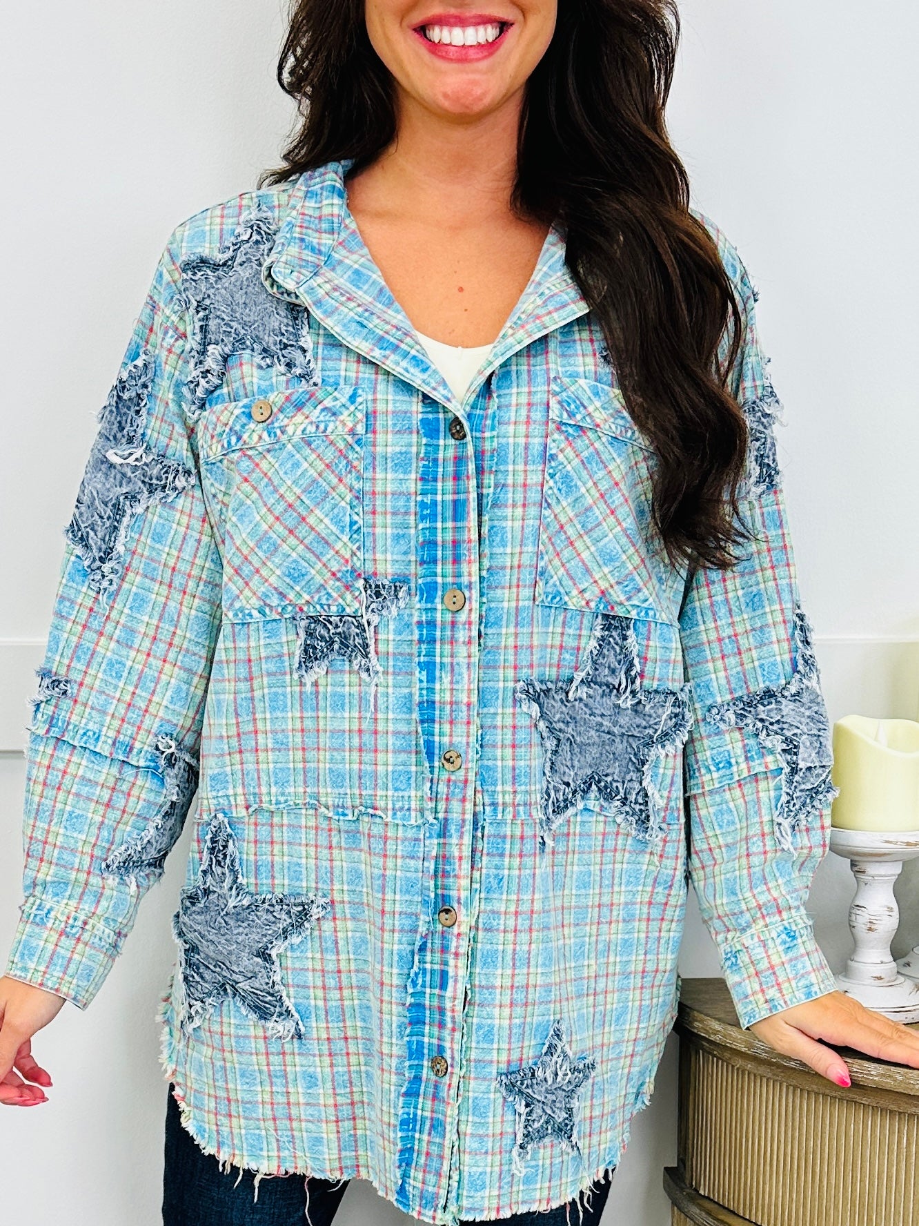 Main Street Plaid Shacket In Blue