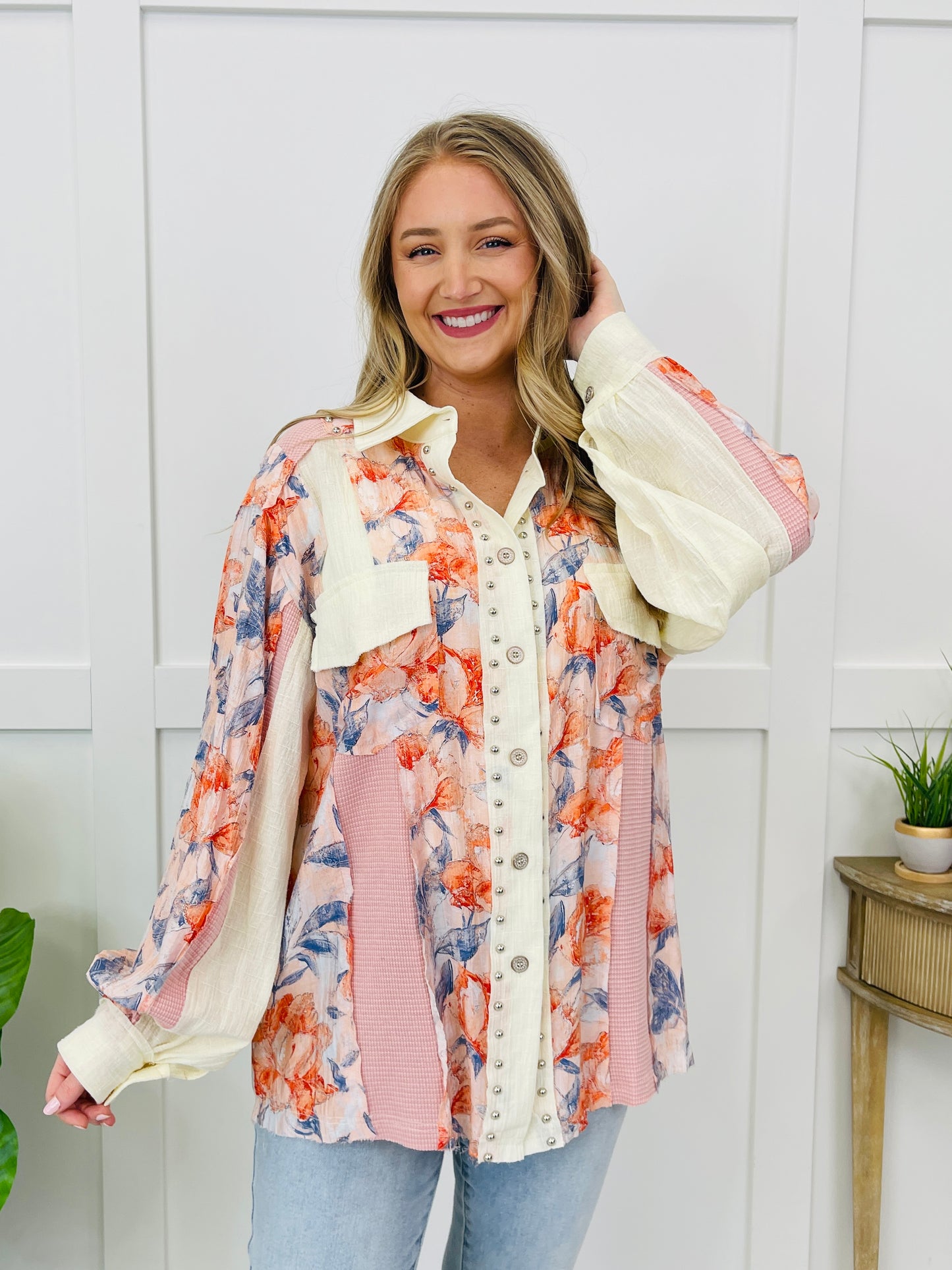 Patchwork Blossoms Top In Coral